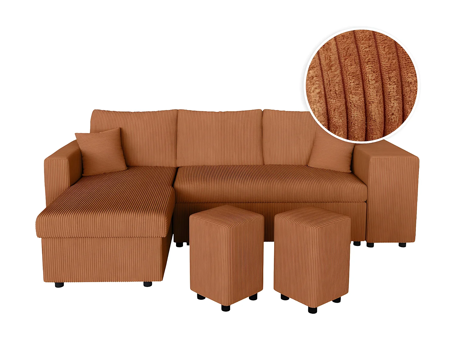 Canapé d'angle réversible convertible Oslo coffre 2 poufs à droite en velours côtelé terracotta - L241 x P146 x H81cm - Loungitude