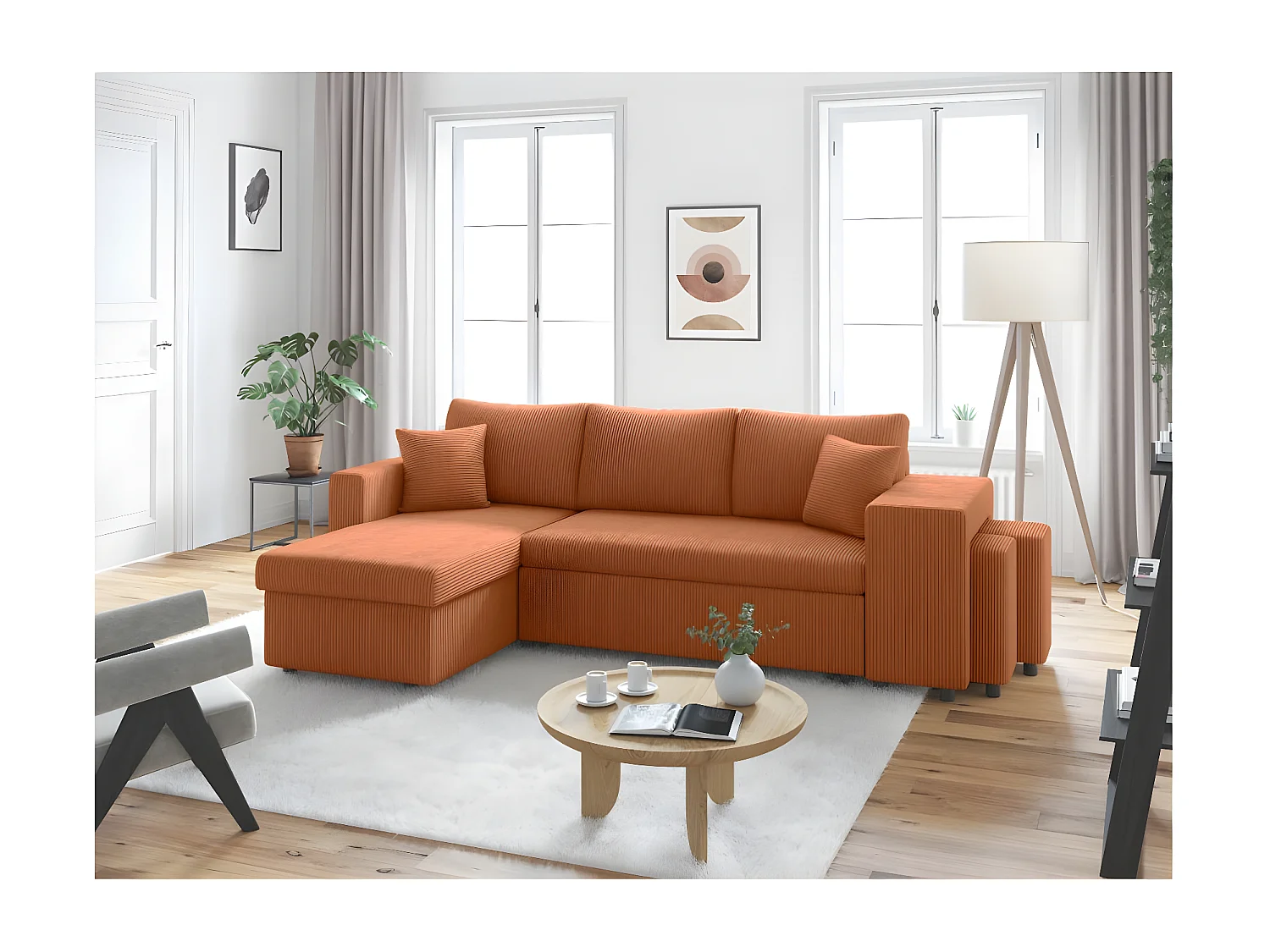 Canapé d'angle réversible convertible Oslo coffre 2 poufs à droite en velours côtelé terracotta - L241 x P146 x H81cm - Loungitude