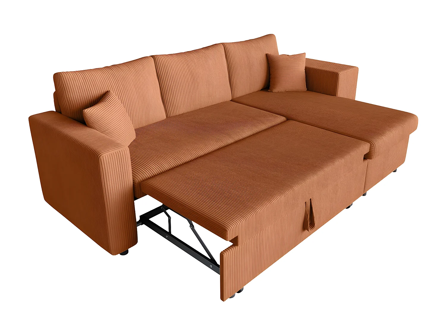 Canapé d'angle réversible convertible Oslo coffre 2 poufs à droite en velours côtelé terracotta - L241 x P146 x H81cm - Loungitude
