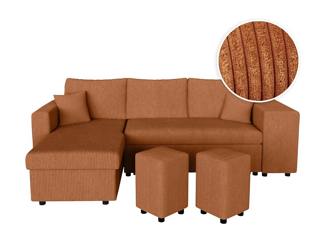 Canapé d'angle réversible convertible Oslo coffre 2 poufs à droite en velours côtelé terracotta - L241 x P146 x H81cm - Loungitude