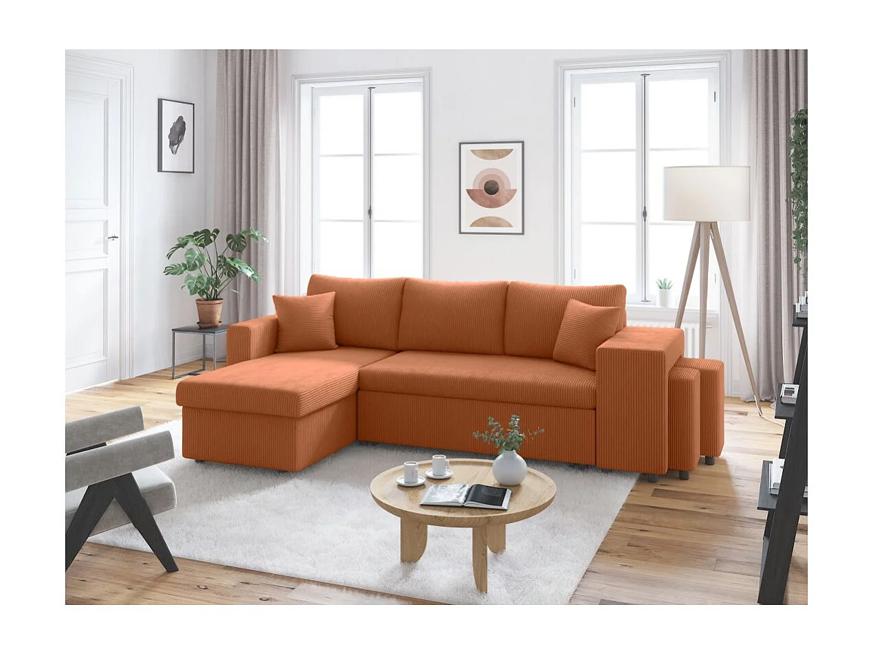 Canapé d'angle réversible convertible Oslo coffre 2 poufs à droite en velours côtelé terracotta - L241 x P146 x H81cm - Loungitude