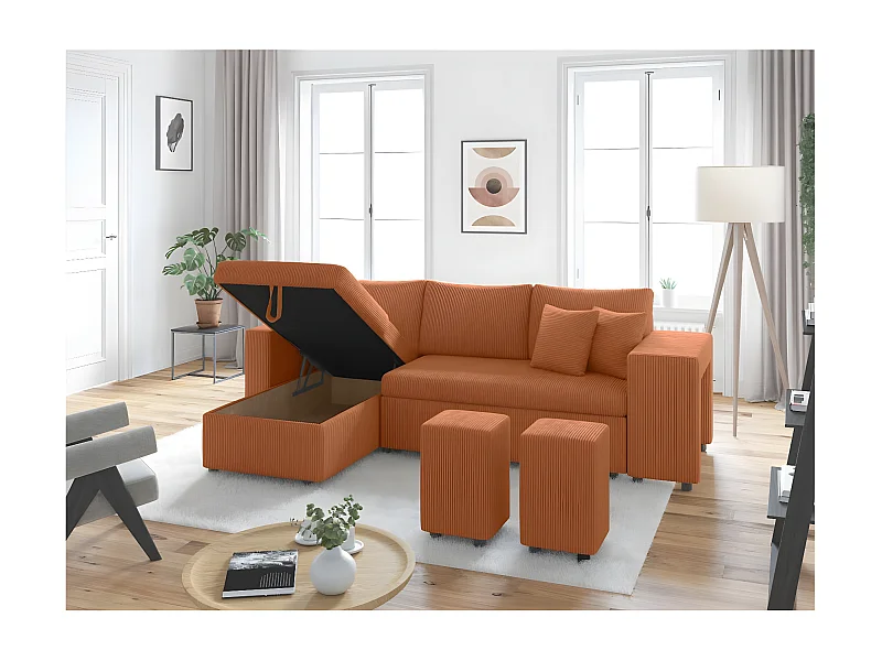 Canapé d'angle réversible convertible Oslo coffre 2 poufs à droite en velours côtelé terracotta - L241 x P146 x H81cm - Loungitude