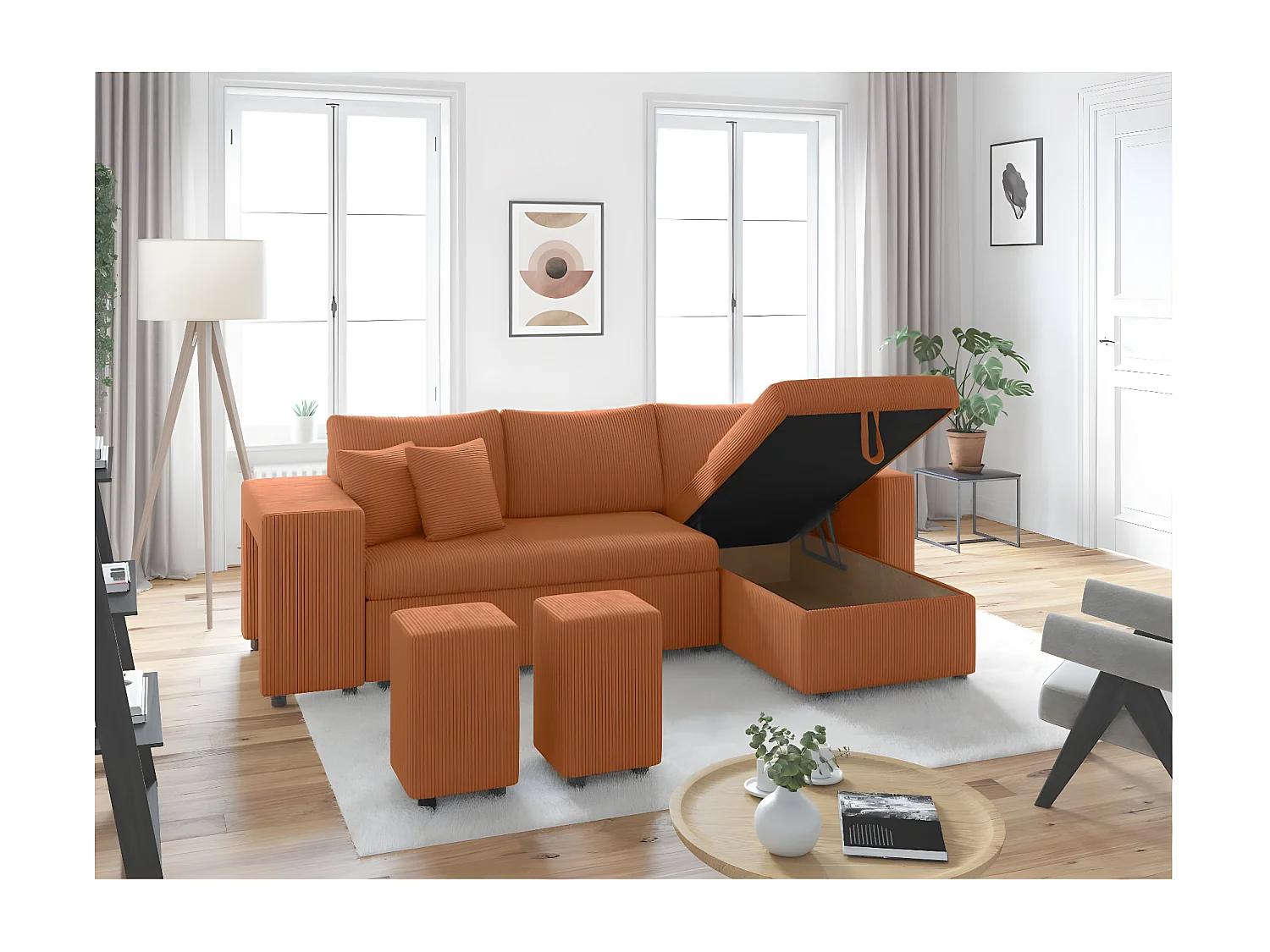 Canapé d'angle réversible convertible Oslo coffre 2 poufs à gauche en velours côtelé terracotta - L241 x P146 x H81cm - Loungitude