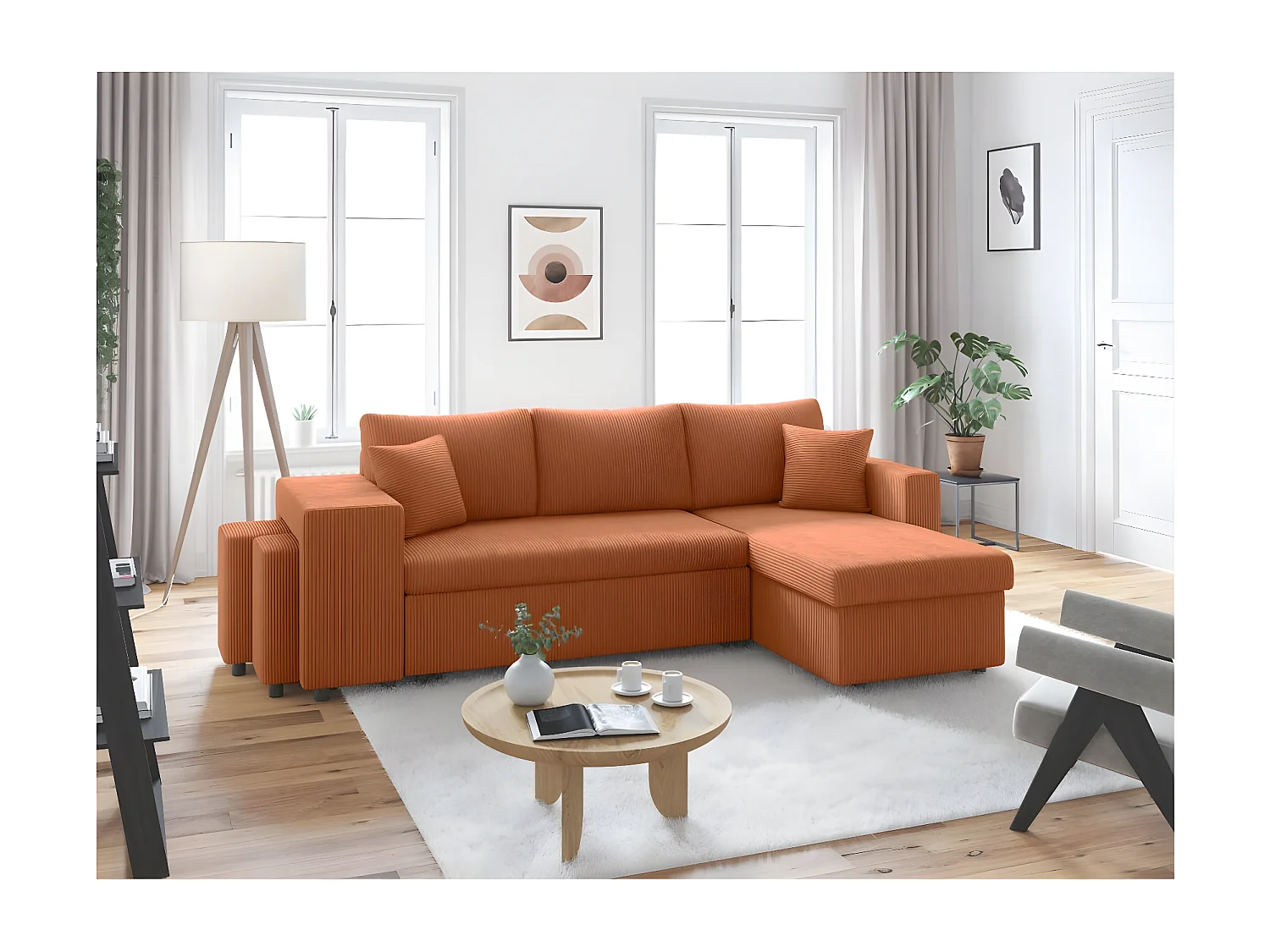 Canapé d'angle réversible convertible Oslo coffre 2 poufs à gauche en velours côtelé terracotta - L241 x P146 x H81cm - Loungitude
