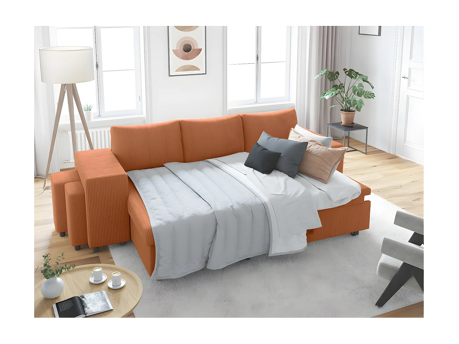 Canapé d'angle réversible convertible Oslo coffre 2 poufs à gauche en velours côtelé terracotta - L241 x P146 x H81cm - Loungitude