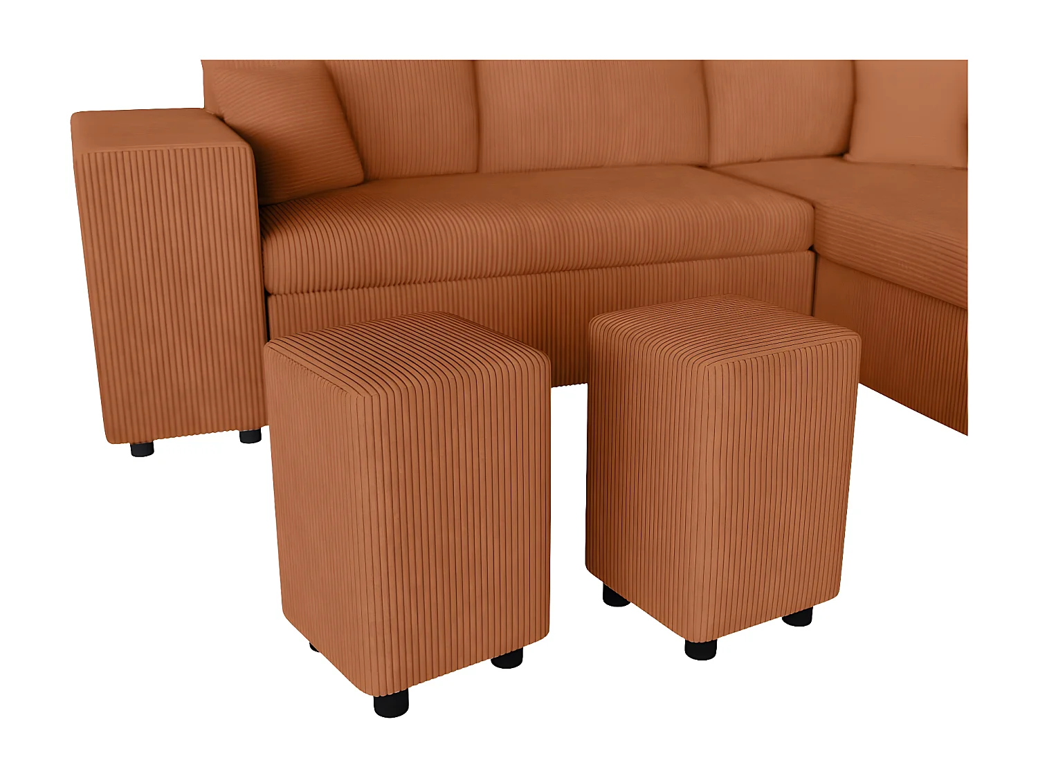 Canapé d'angle réversible convertible Oslo coffre 2 poufs à gauche en velours côtelé terracotta - L241 x P146 x H81cm - Loungitude