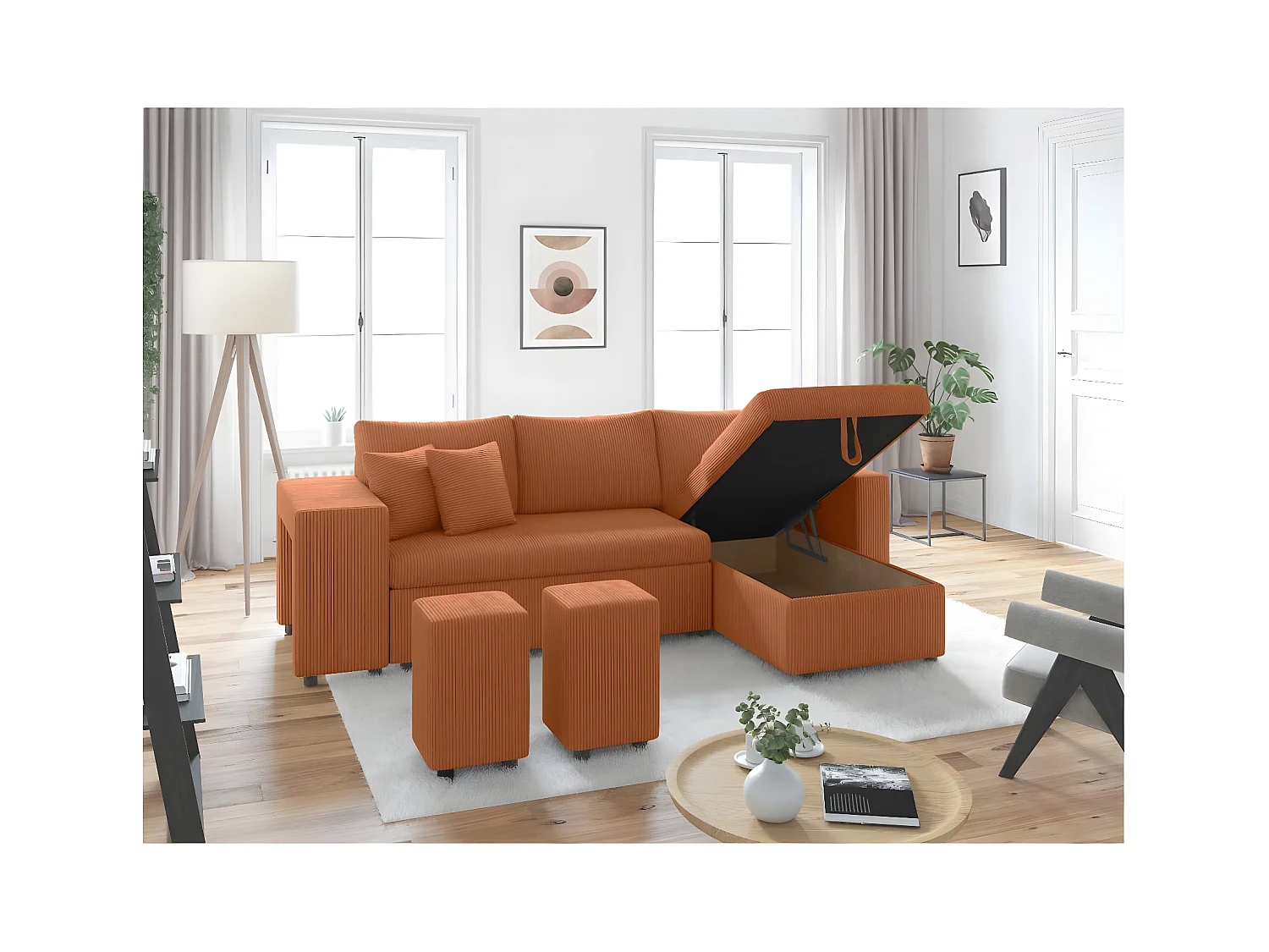 Canapé d'angle réversible convertible Oslo coffre 2 poufs à gauche en velours côtelé terracotta - L241 x P146 x H81cm - Loungitude