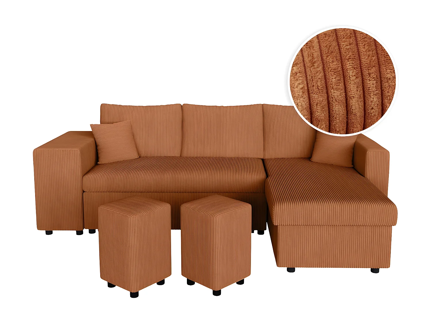 Canapé d'angle réversible convertible Oslo coffre 2 poufs à gauche en velours côtelé terracotta - L241 x P146 x H81cm - Loungitude