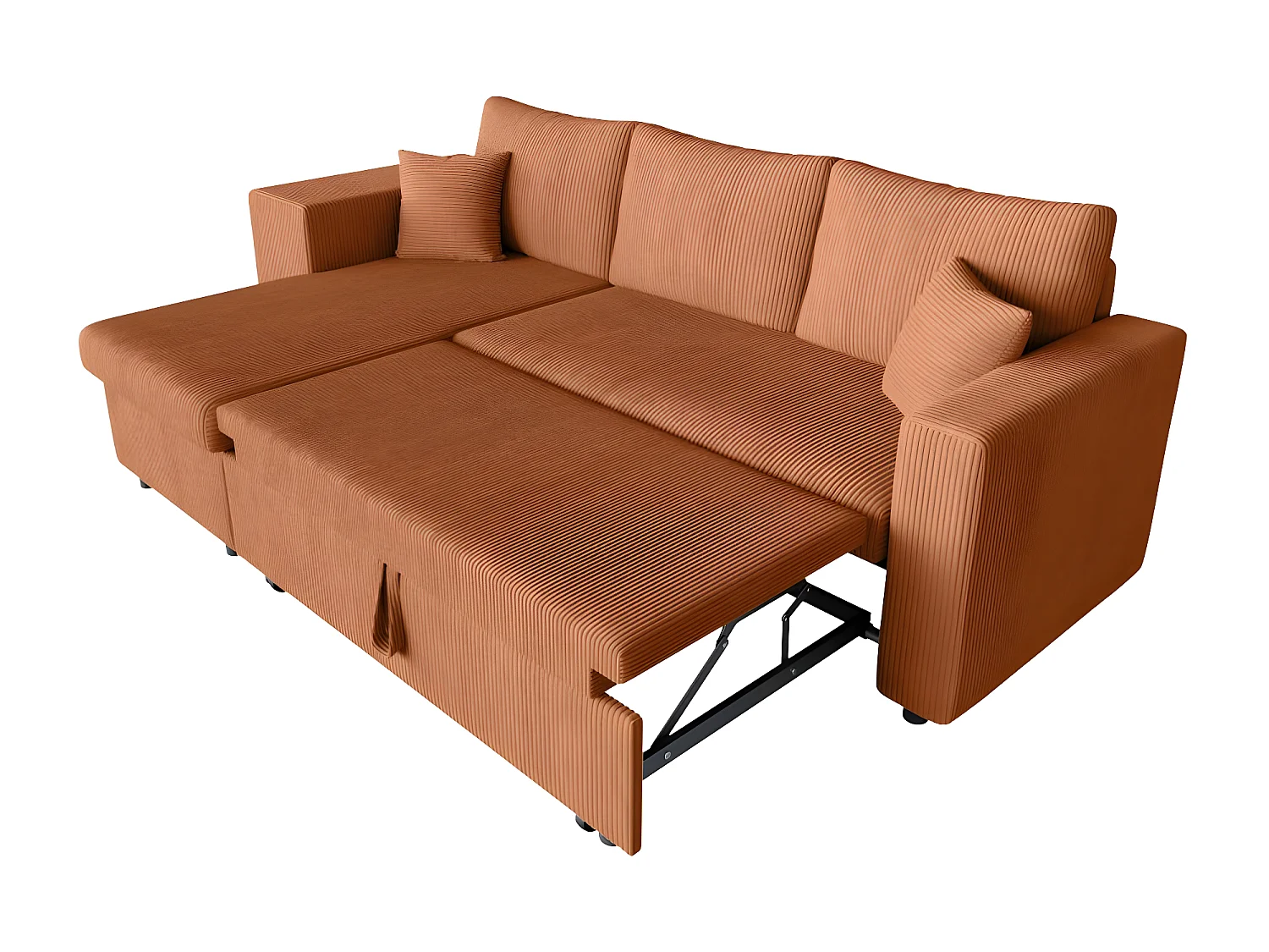 Canapé d'angle réversible convertible Oslo coffre 2 poufs à gauche en velours côtelé terracotta - L241 x P146 x H81cm - Loungitude