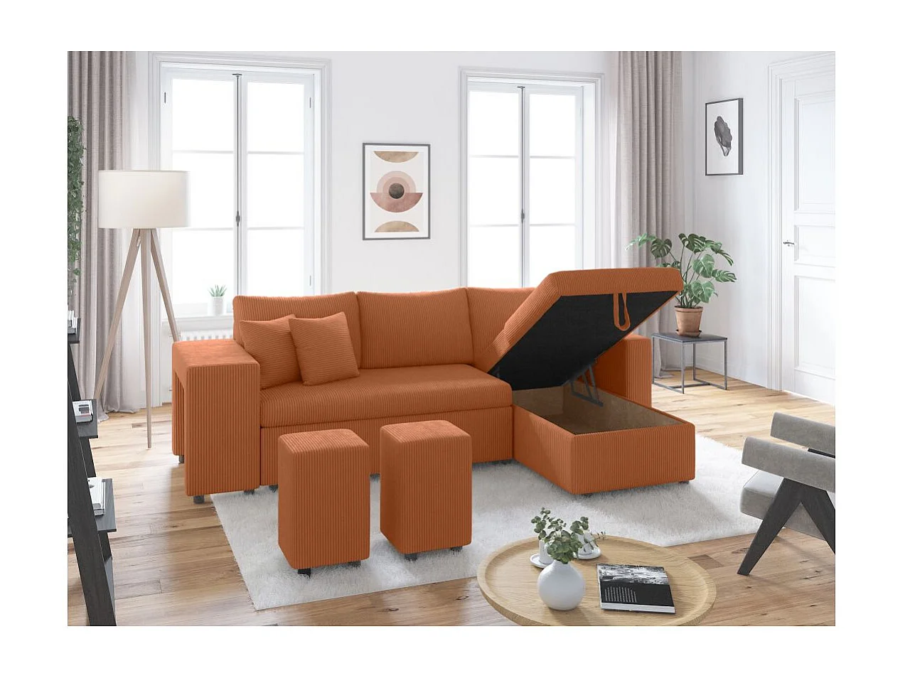 Canapé d'angle réversible convertible Oslo coffre 2 poufs à gauche en velours côtelé terracotta - L241 x P146 x H81cm - Loungitude