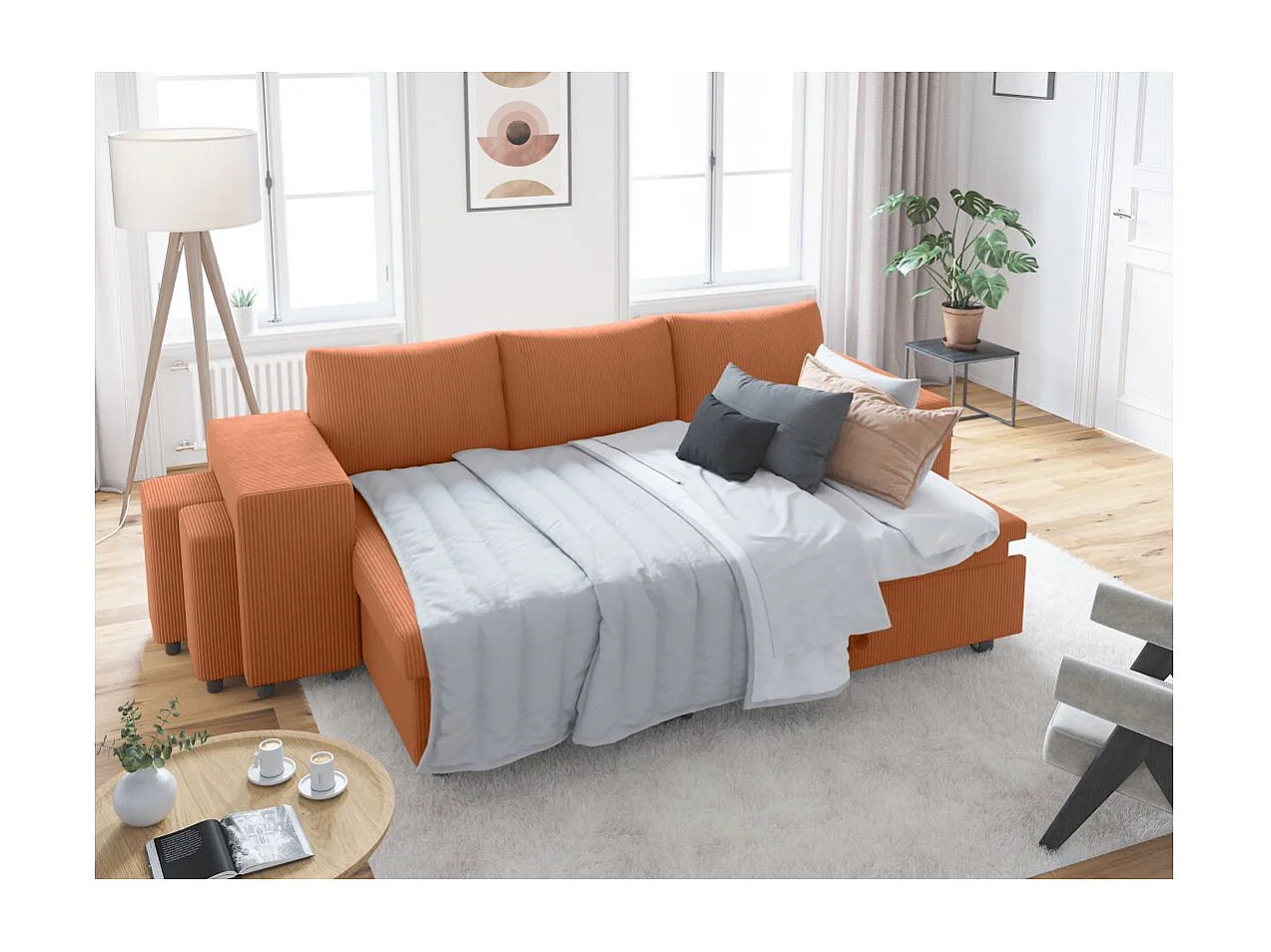 Canapé d'angle réversible convertible Oslo coffre 2 poufs à gauche en velours côtelé terracotta - L241 x P146 x H81cm - Loungitude