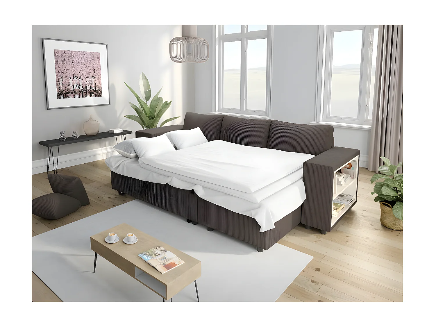 Canapé d'angle réversible Mady avec coffre, rangement poufs à gauche en velours côtelé Gris anthracite - L254 x P146 x H81cm - Loungitude