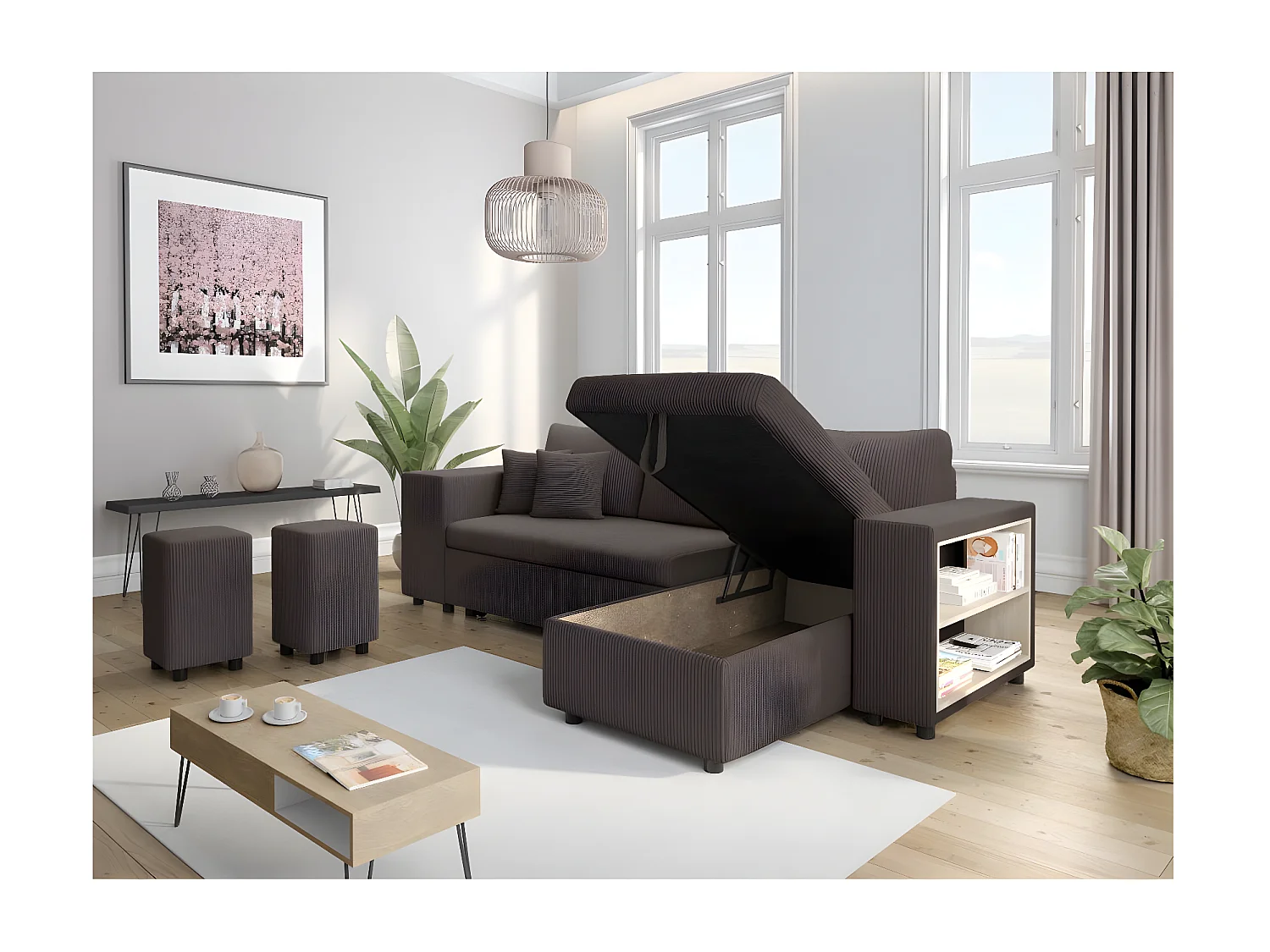 Canapé d'angle réversible Mady avec coffre, rangement poufs à gauche en velours côtelé Gris anthracite - L254 x P146 x H81cm - Loungitude