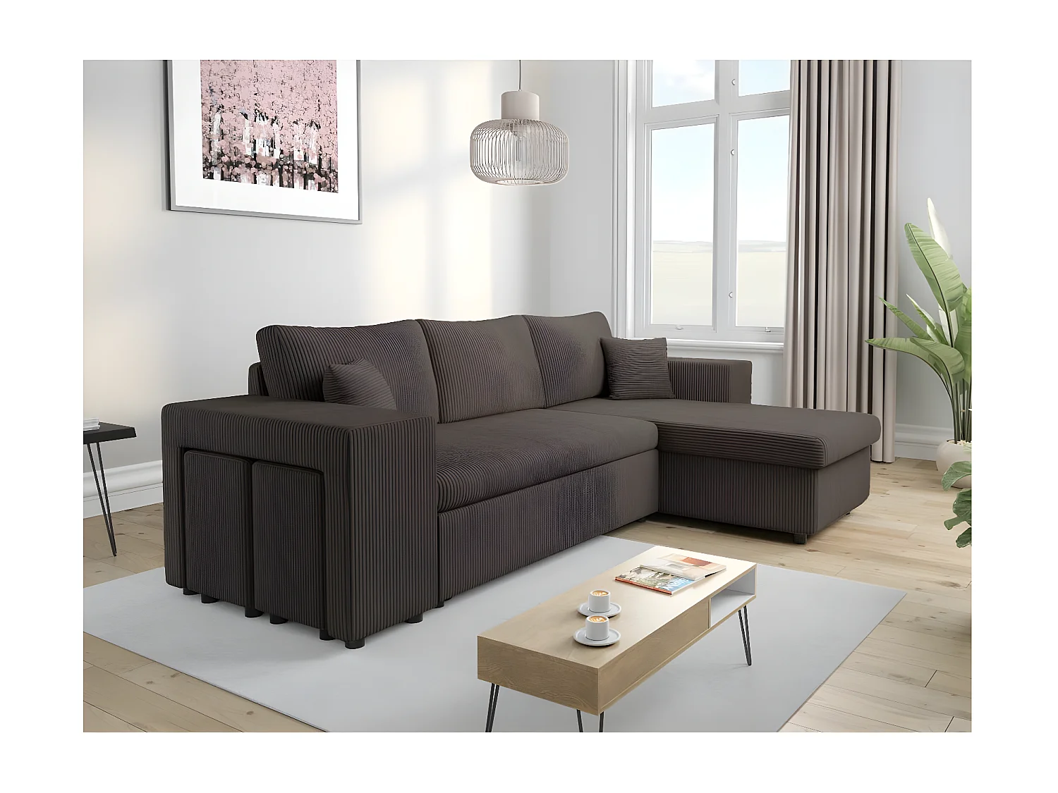 Canapé d'angle réversible Mady avec coffre, rangement poufs à gauche en velours côtelé Gris anthracite - L254 x P146 x H81cm - Loungitude