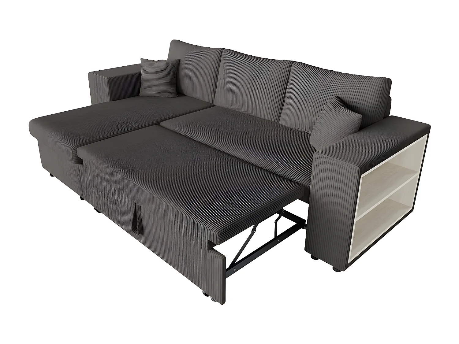 Canapé d'angle réversible Mady avec coffre, rangement poufs à gauche en velours côtelé Gris anthracite - L254 x P146 x H81cm - Loungitude
