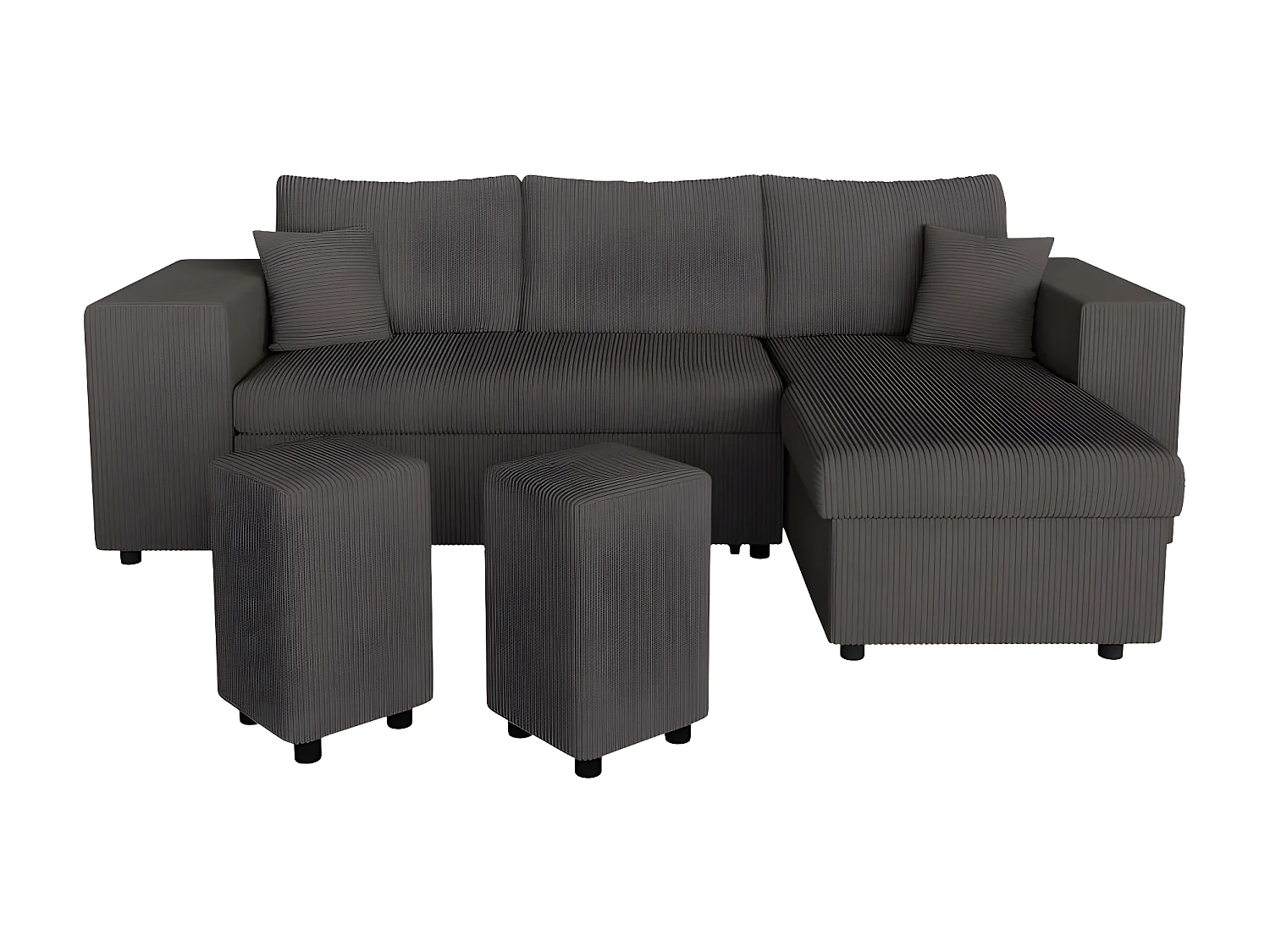 Canapé d'angle réversible Mady avec coffre, rangement poufs à gauche en velours côtelé Gris anthracite - L254 x P146 x H81cm - Loungitude