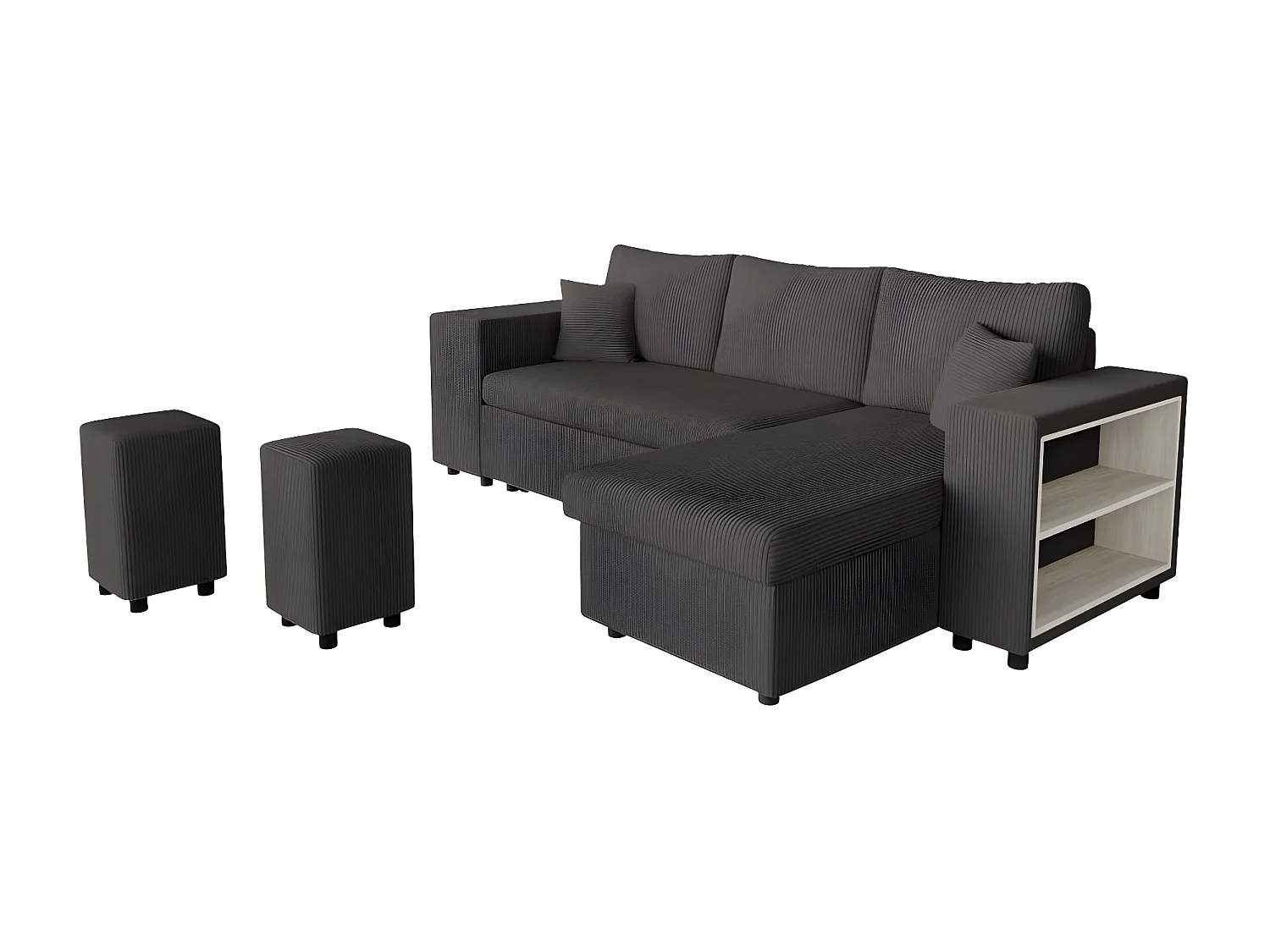 Canapé d'angle réversible Mady avec coffre, rangement poufs à gauche en velours côtelé Gris anthracite - L254 x P146 x H81cm - Loungitude