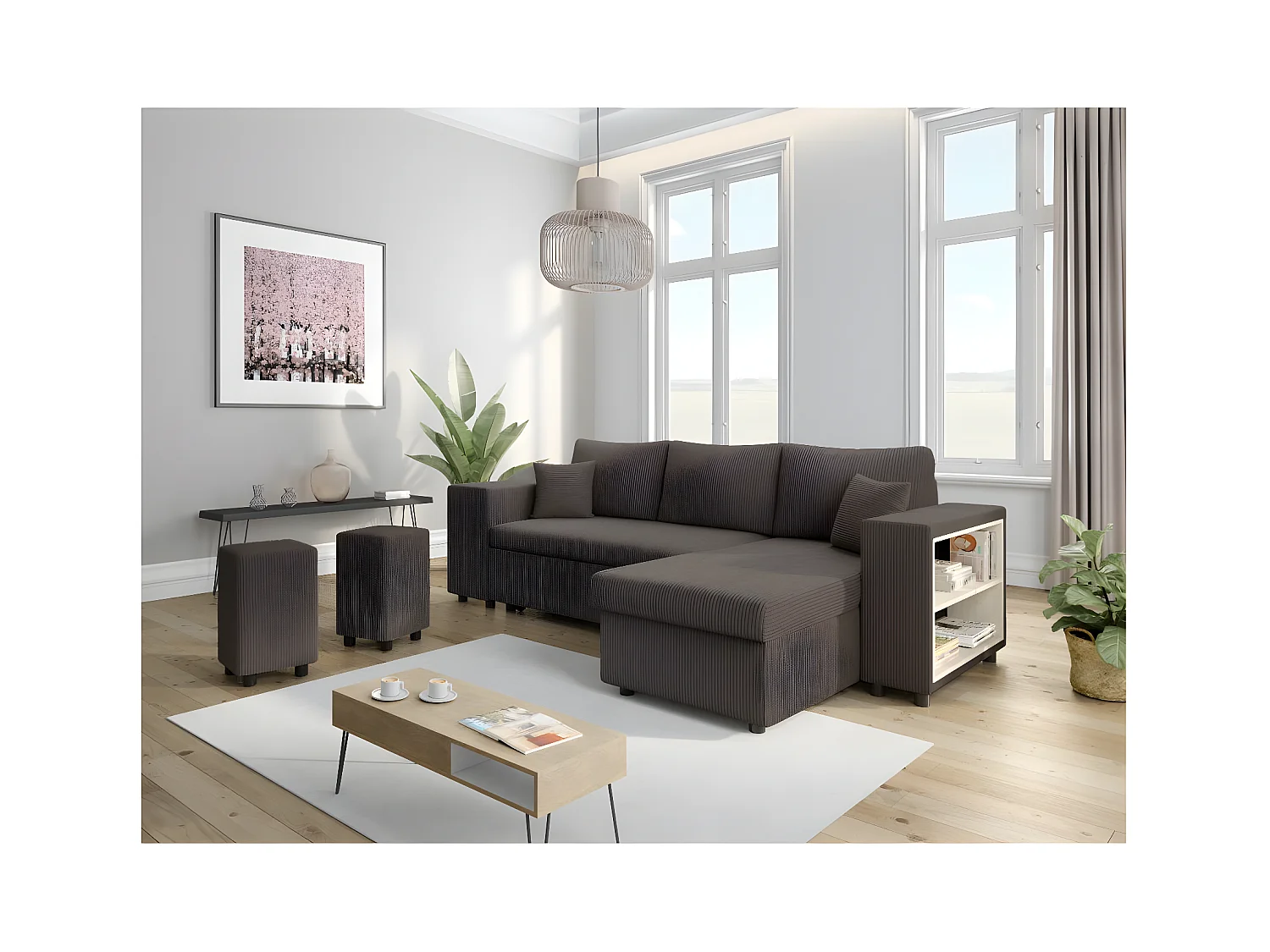 Canapé d'angle réversible Mady avec coffre, rangement poufs à gauche en velours côtelé Gris anthracite - L254 x P146 x H81cm - Loungitude