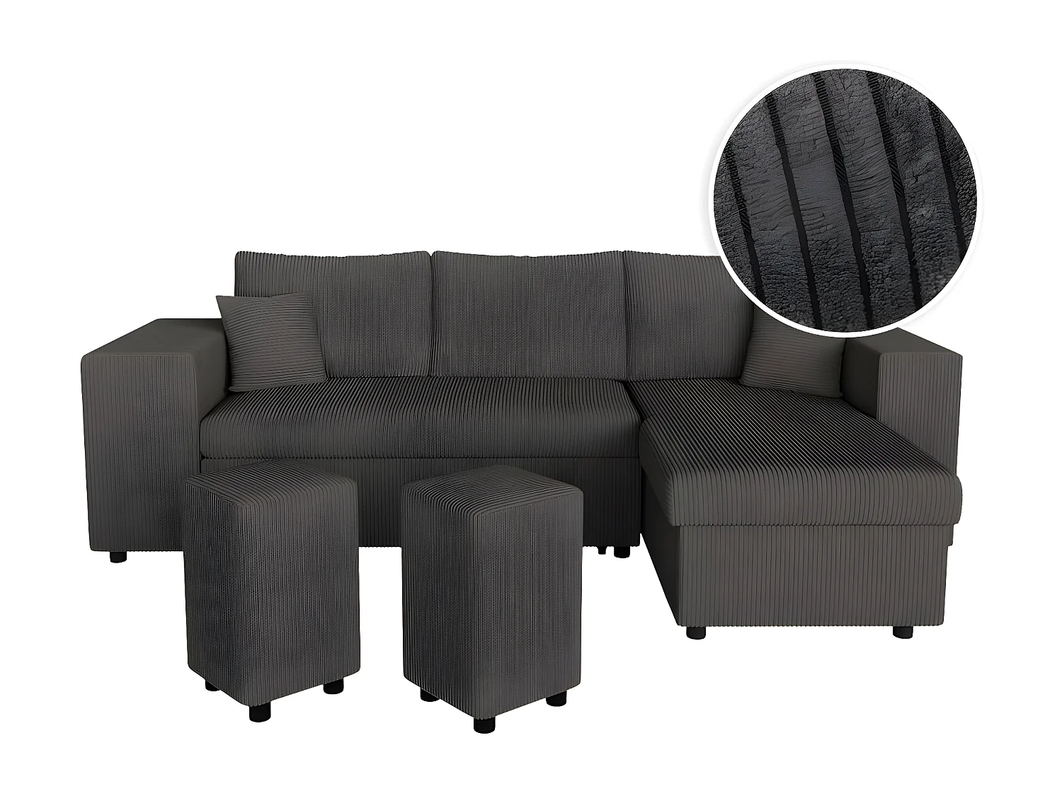 Canapé d'angle réversible Mady avec coffre, rangement poufs à gauche en velours côtelé Gris anthracite - L254 x P146 x H81cm - Loungitude