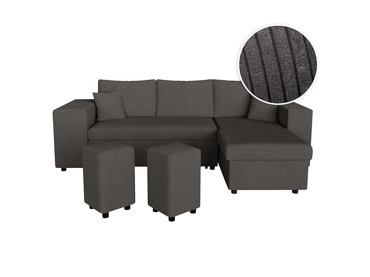 Canapé d'angle convertible 5 places avec pouf en velours gris anthracite MADY