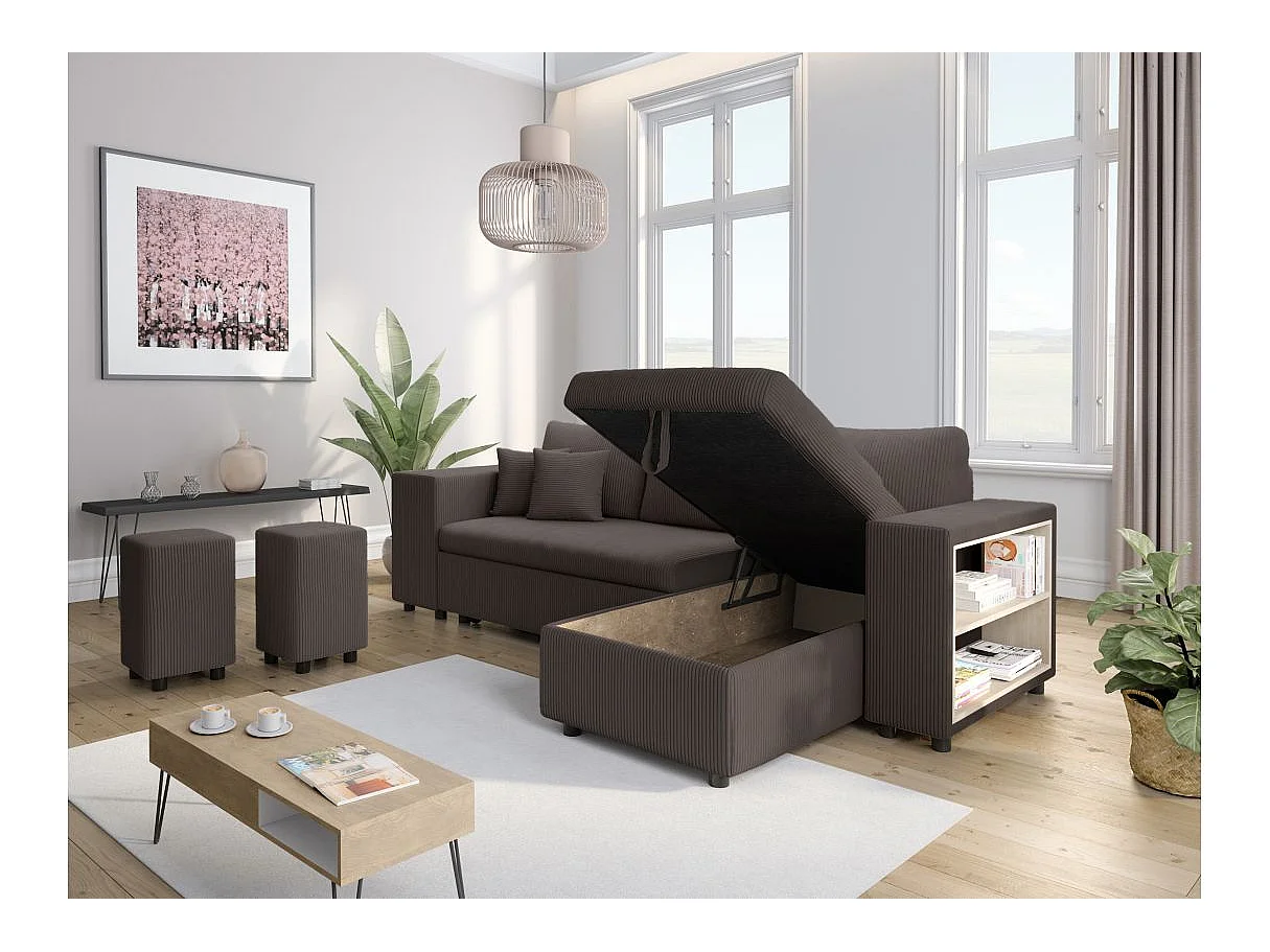 Canapé d'angle convertible 5 places avec pouf en velours gris anthracite MADY