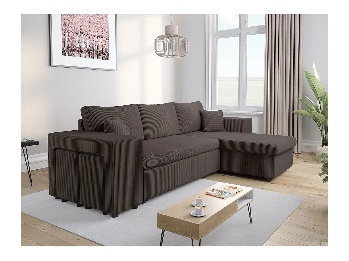 Canapé d'angle convertible 5 places avec pouf en velours gris anthracite MADY