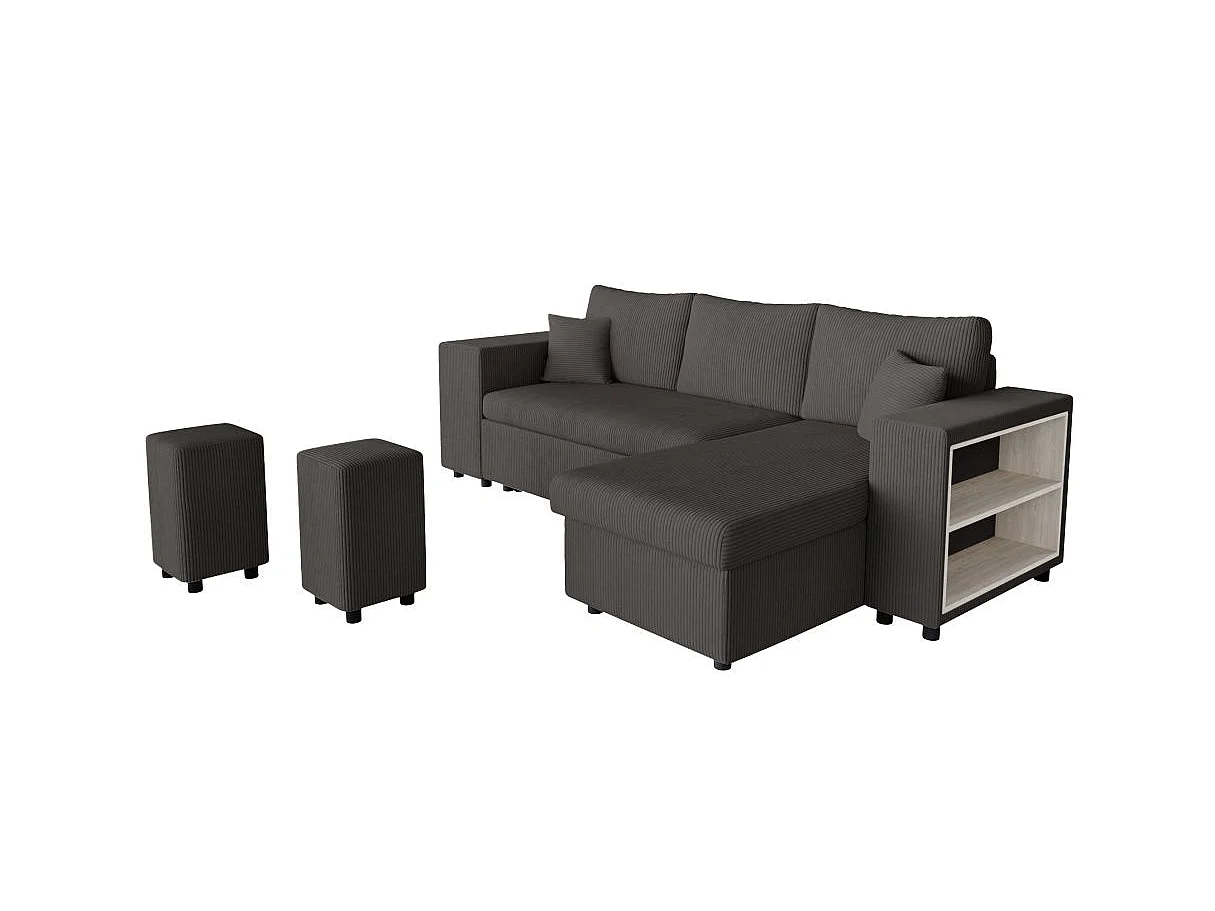 Canapé d'angle convertible 5 places avec pouf en velours gris anthracite MADY