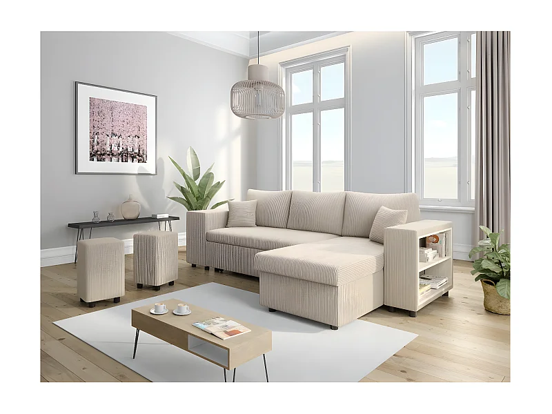 Canapé d'angle réversible Mady avec coffre, rangement poufs à gauche en velours côtelé - Beige - L254 x P146 x H81cm - Loungitude