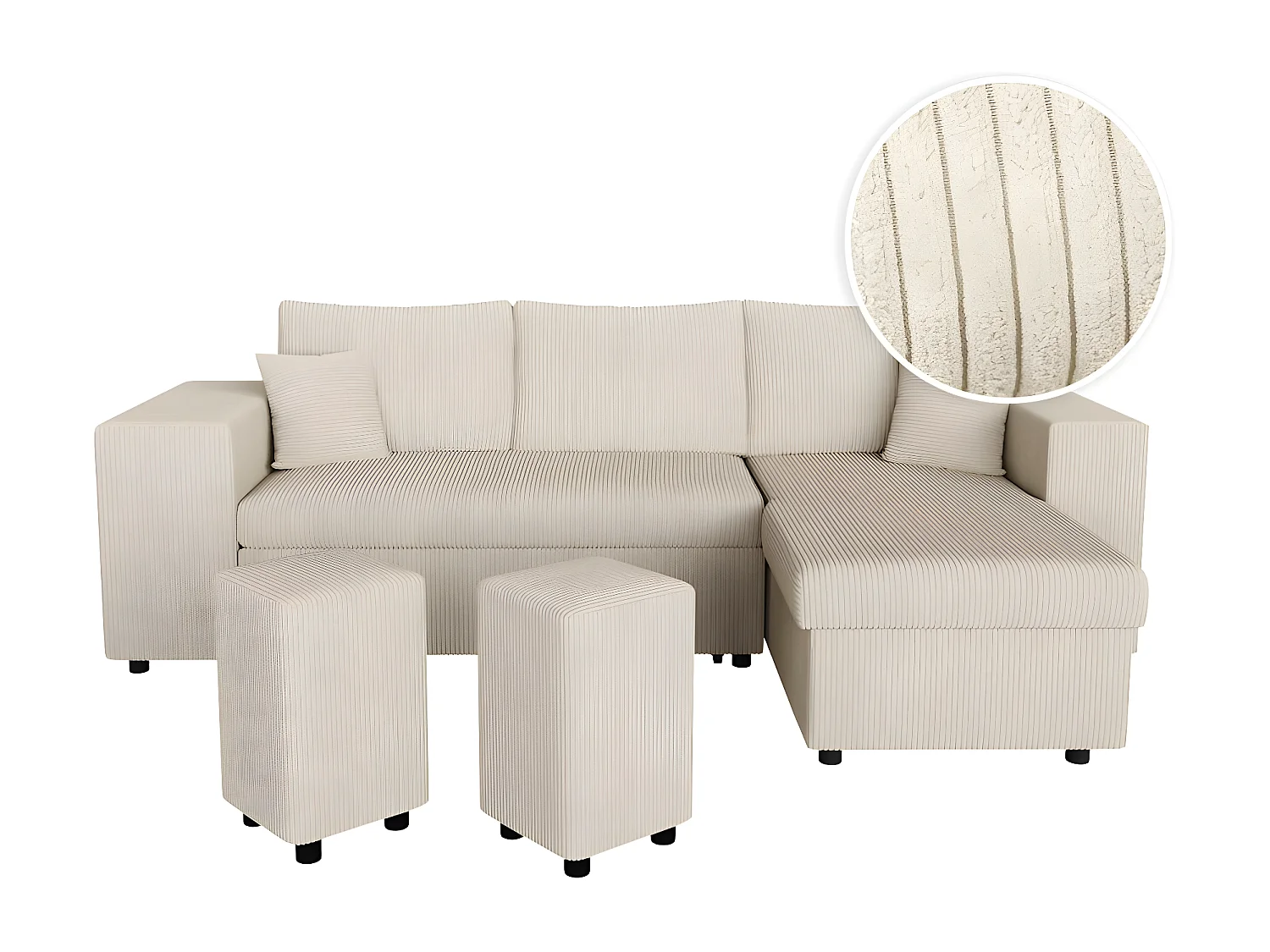Canapé d'angle réversible Mady avec coffre, rangement poufs à gauche en velours côtelé - Beige - L254 x P146 x H81cm - Loungitude