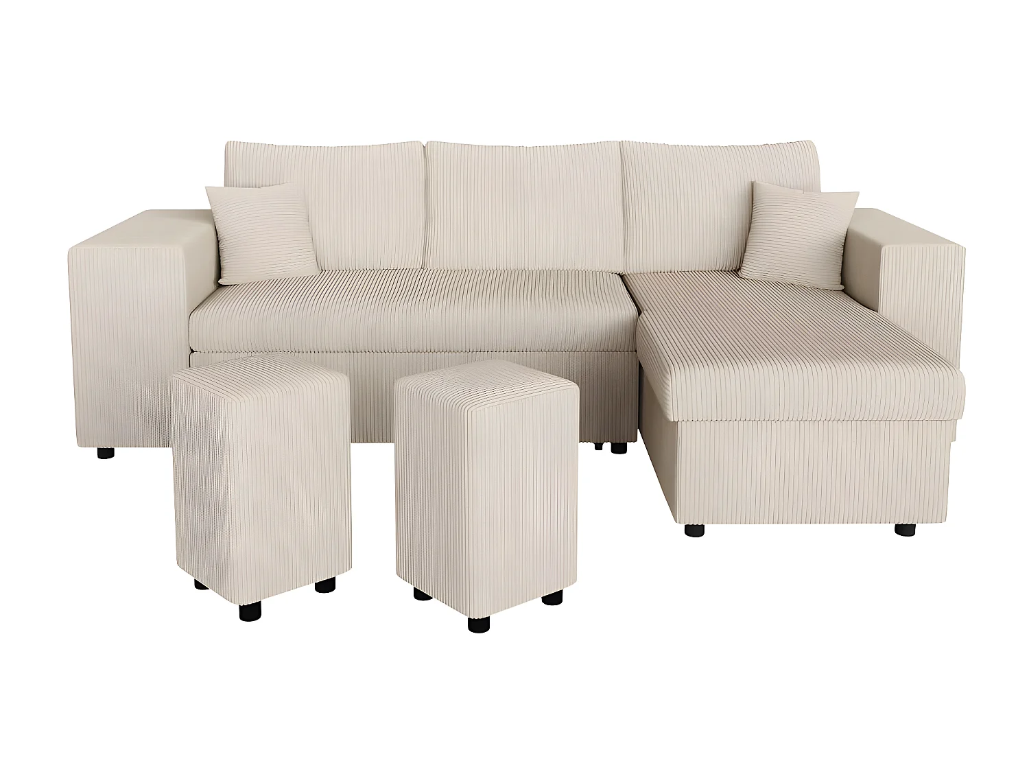 Canapé d'angle réversible Mady avec coffre, rangement poufs à gauche en velours côtelé - Beige - L254 x P146 x H81cm - Loungitude