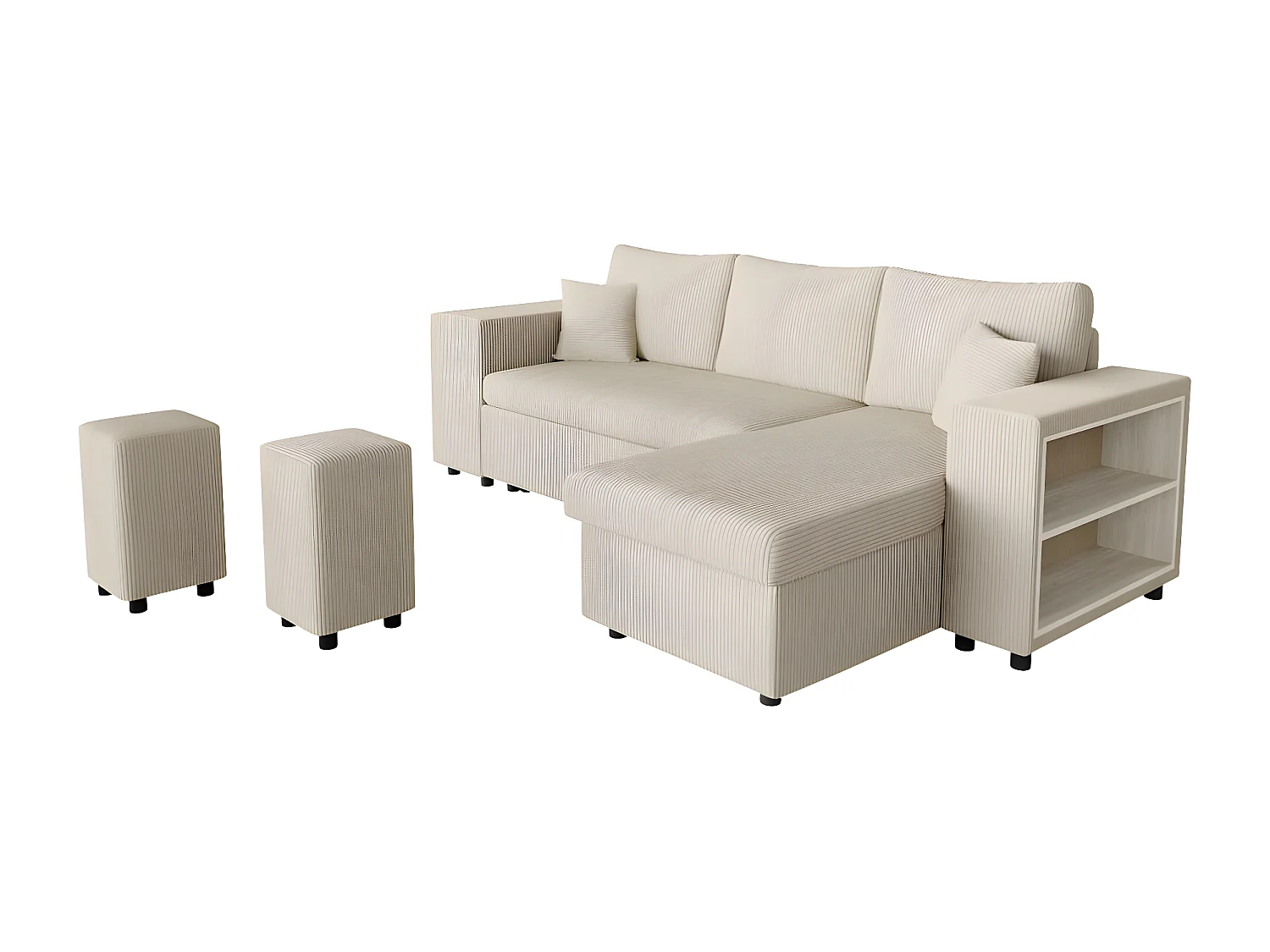 Canapé d'angle réversible Mady avec coffre, rangement poufs à gauche en velours côtelé - Beige - L254 x P146 x H81cm - Loungitude