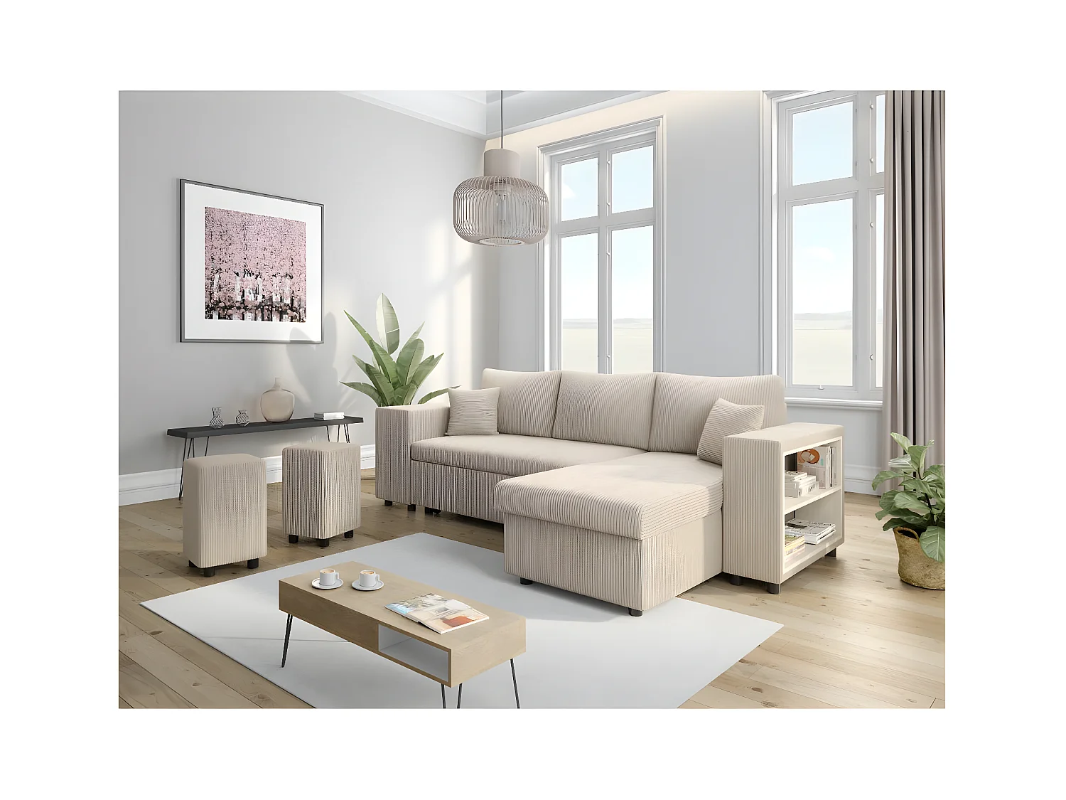 Canapé d'angle réversible Mady avec coffre, rangement poufs à gauche en velours côtelé - Beige - L254 x P146 x H81cm - Loungitude