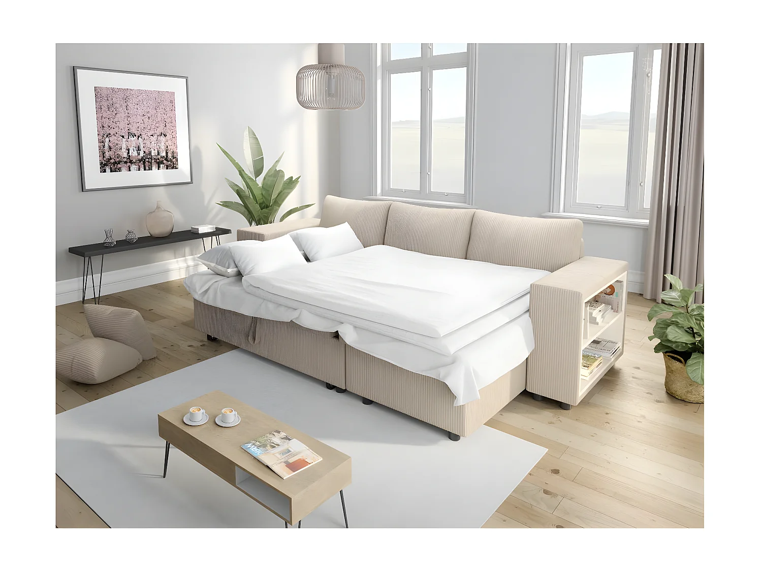 Canapé d'angle réversible Mady avec coffre, rangement poufs à gauche en velours côtelé - Beige - L254 x P146 x H81cm - Loungitude