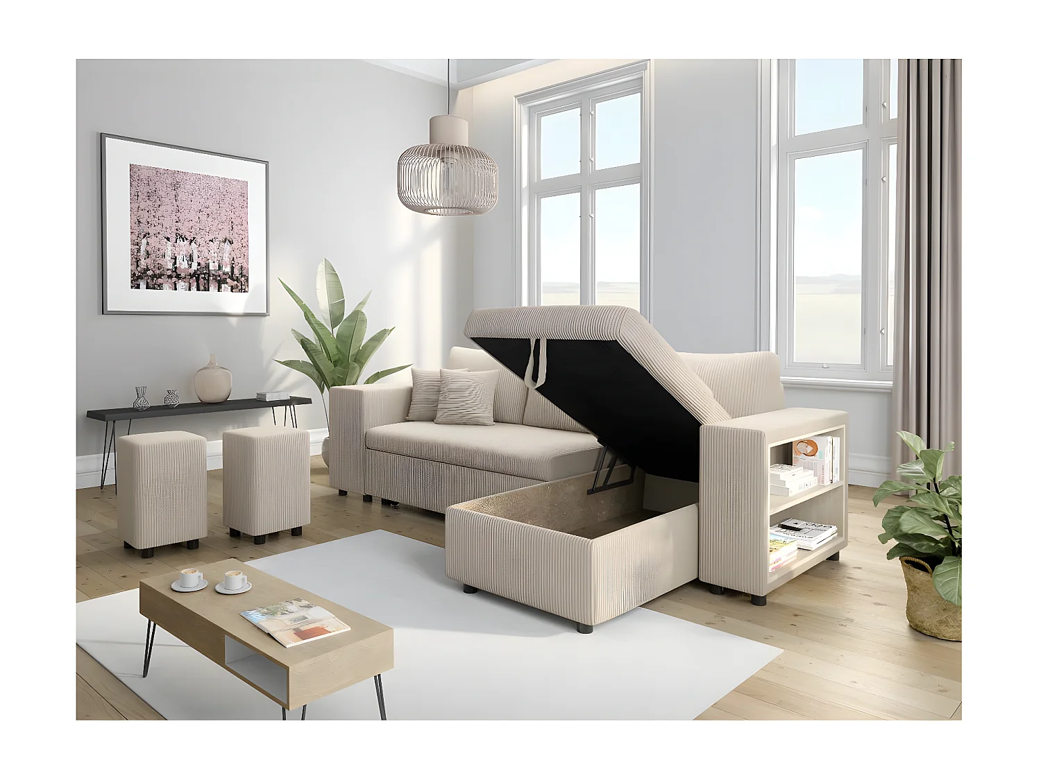 Canapé d'angle réversible Mady avec coffre, rangement poufs à gauche en velours côtelé - Beige - L254 x P146 x H81cm - Loungitude