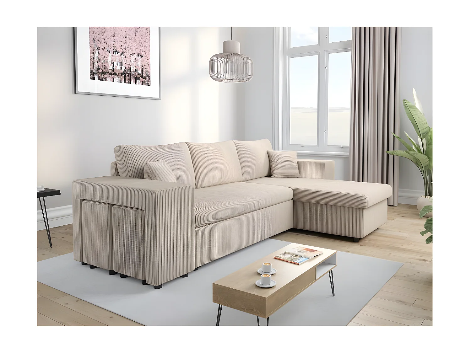Canapé d'angle réversible Mady avec coffre, rangement poufs à gauche en velours côtelé - Beige - L254 x P146 x H81cm - Loungitude
