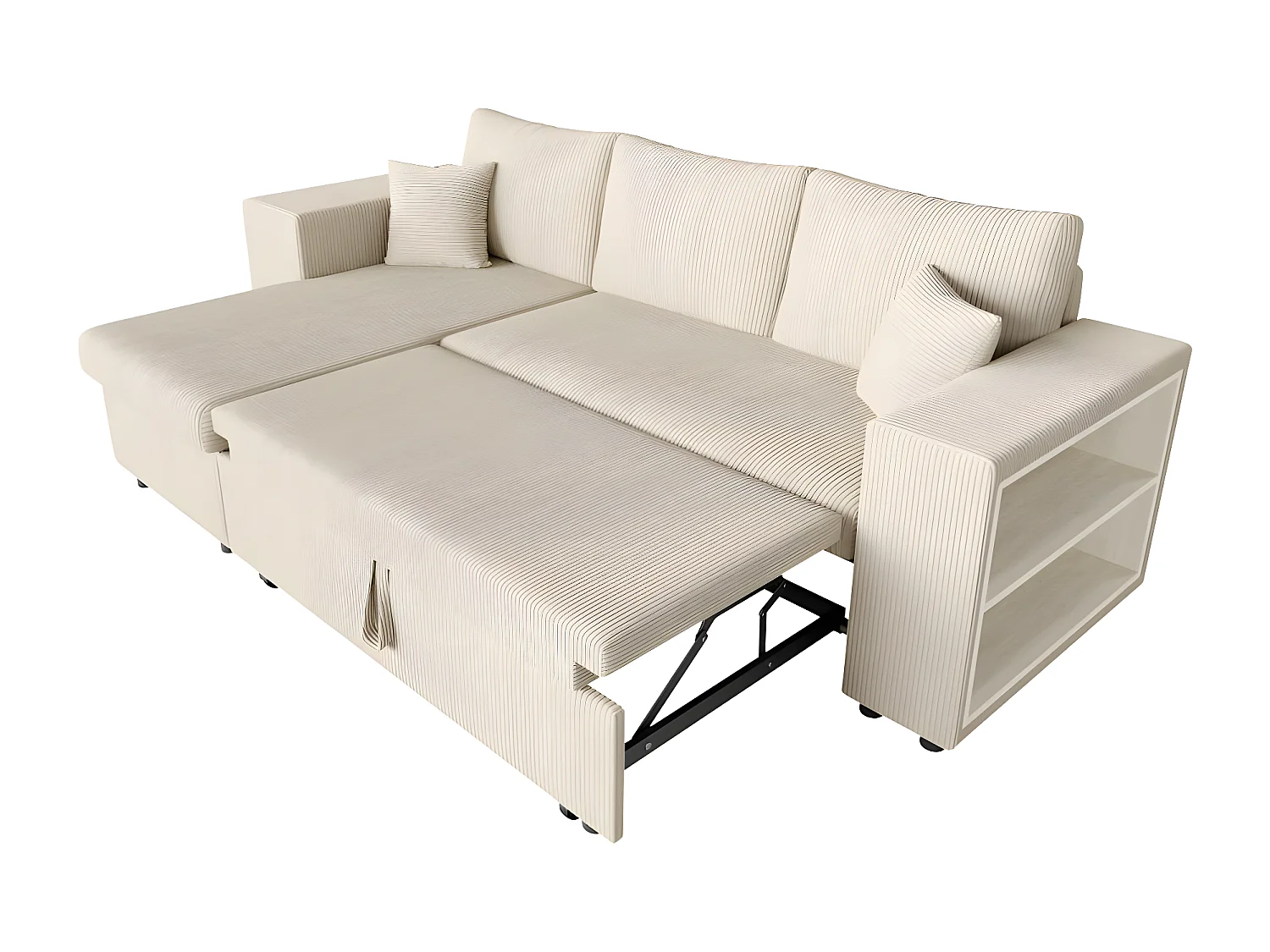 Canapé d'angle réversible Mady avec coffre, rangement poufs à gauche en velours côtelé - Beige - L254 x P146 x H81cm - Loungitude