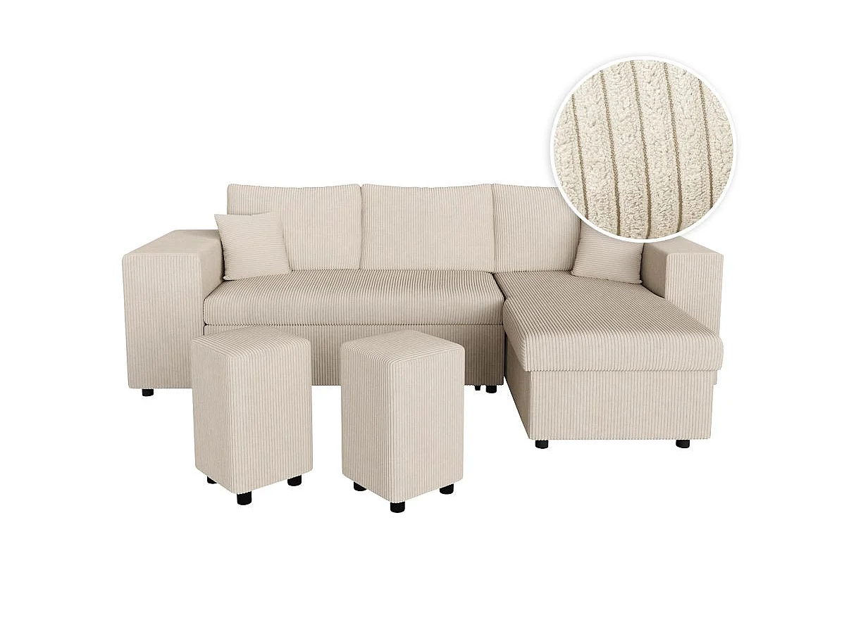 Canapé d'angle convertible 5 places avec pouf en velours beige MADY