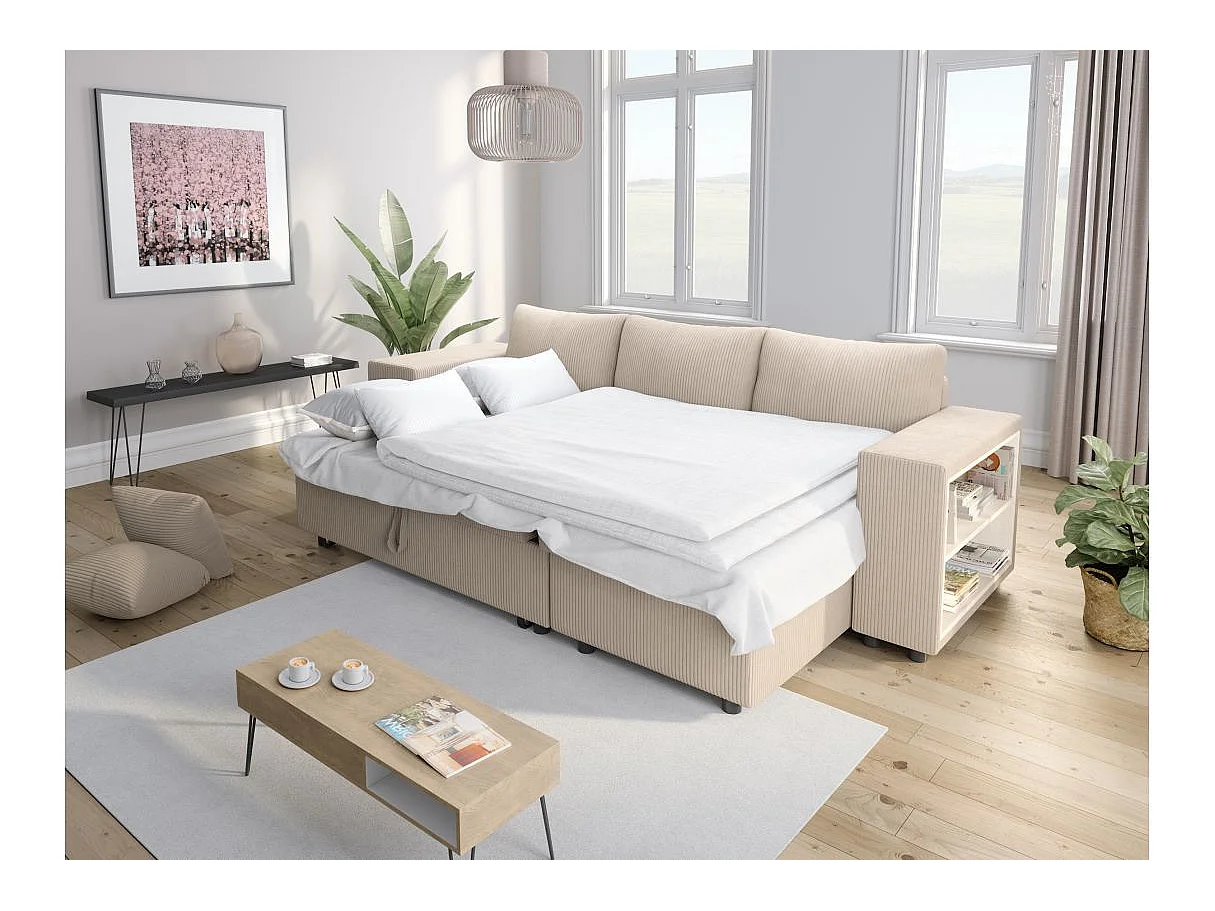 Canapé d'angle convertible 5 places avec pouf en velours beige MADY