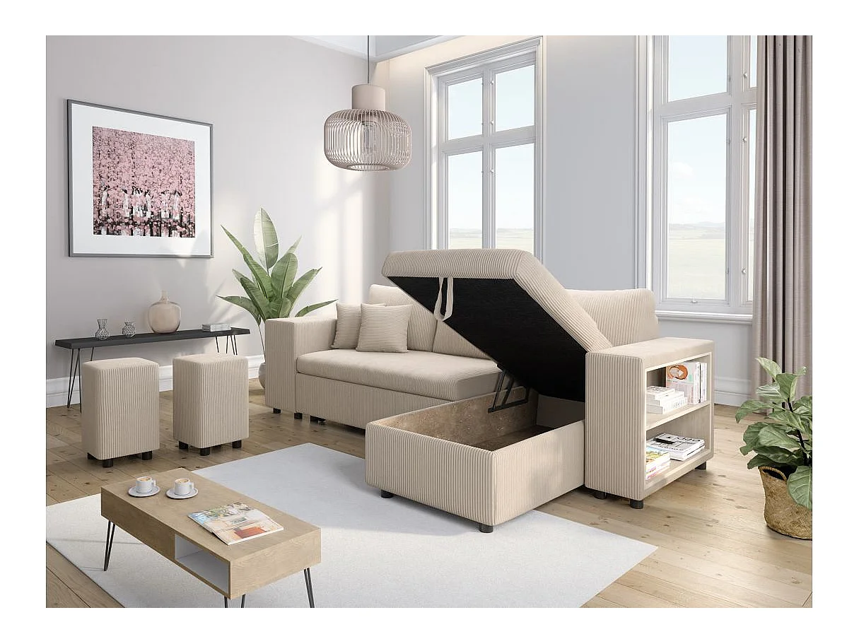 Canapé d'angle convertible 5 places avec pouf en velours beige MADY