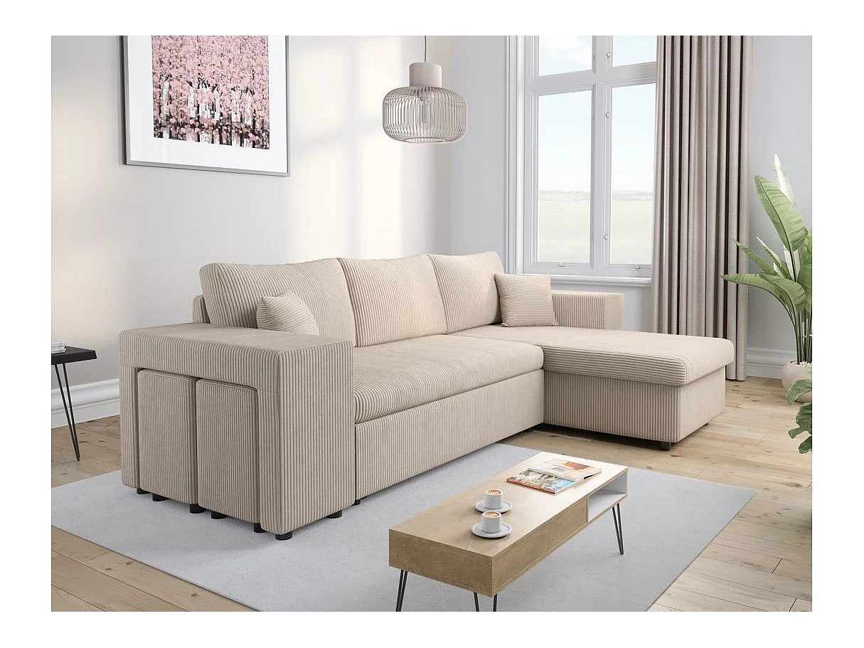 Canapé d'angle convertible 5 places avec pouf en velours beige MADY