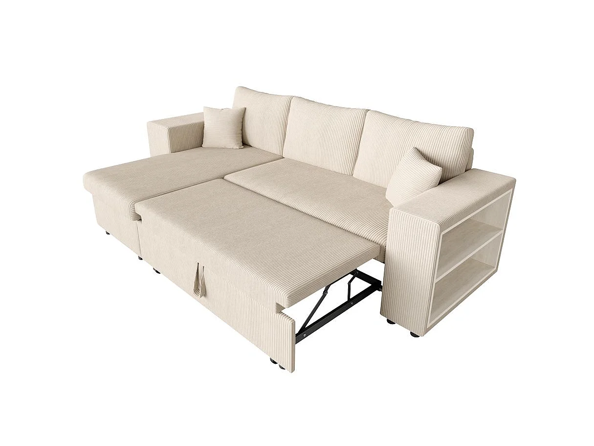 Canapé d'angle convertible 5 places avec pouf en velours beige MADY