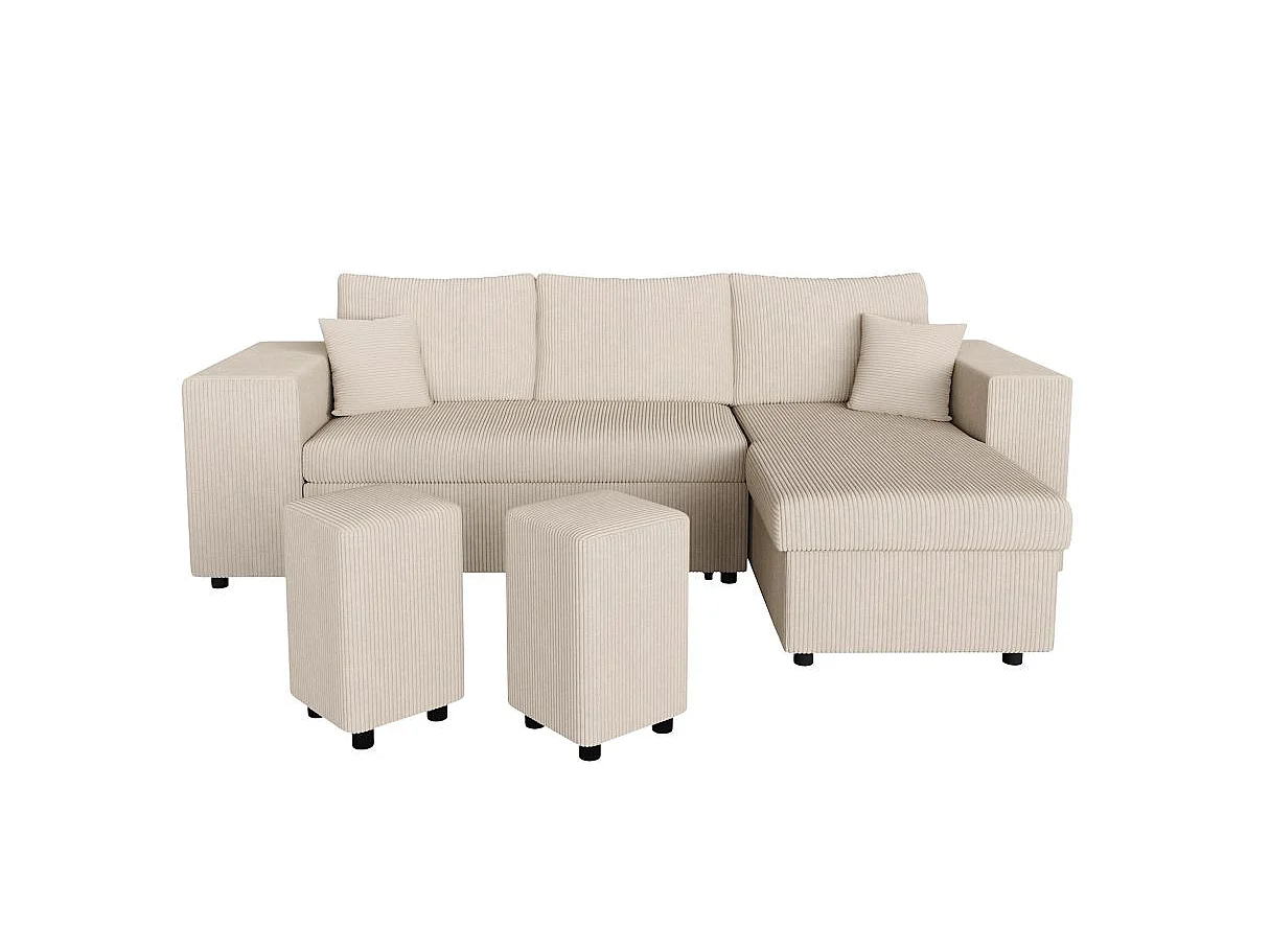 Canapé d'angle convertible 5 places avec pouf en velours beige MADY