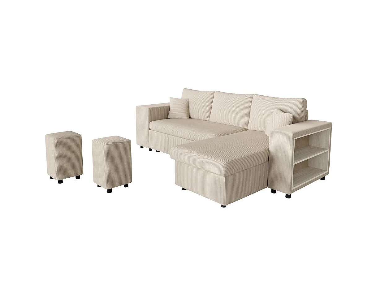 Canapé d'angle convertible 5 places avec pouf en velours beige MADY
