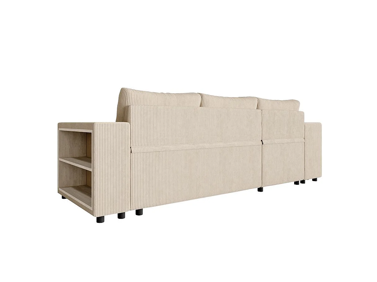 Canapé d'angle convertible 5 places avec pouf en velours beige MADY