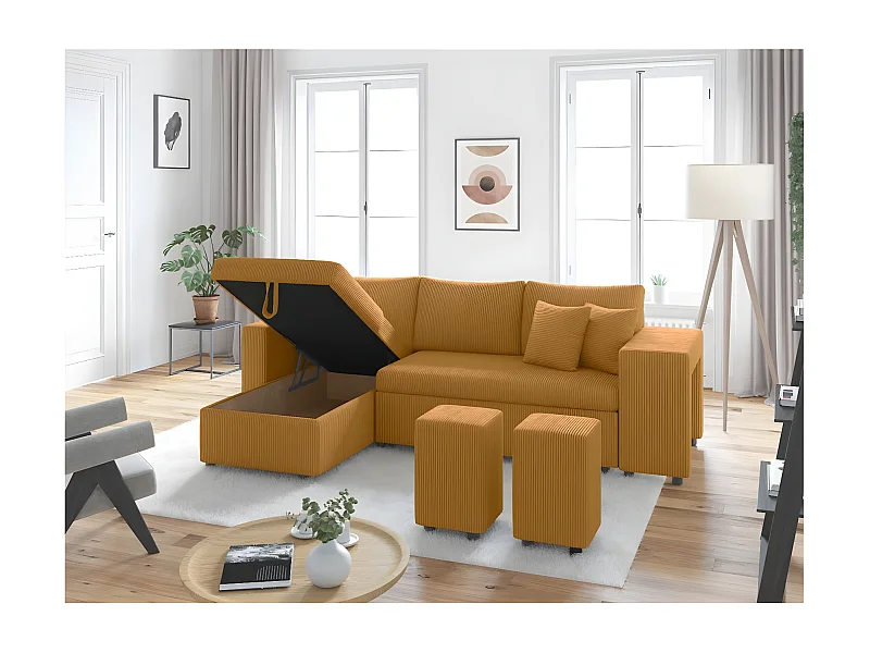 Canapé d'angle réversible convertible Oslo avec coffre, 2 poufs à droite en velours côtelé jaune - L241 x P146 x H81cm - Loungitude