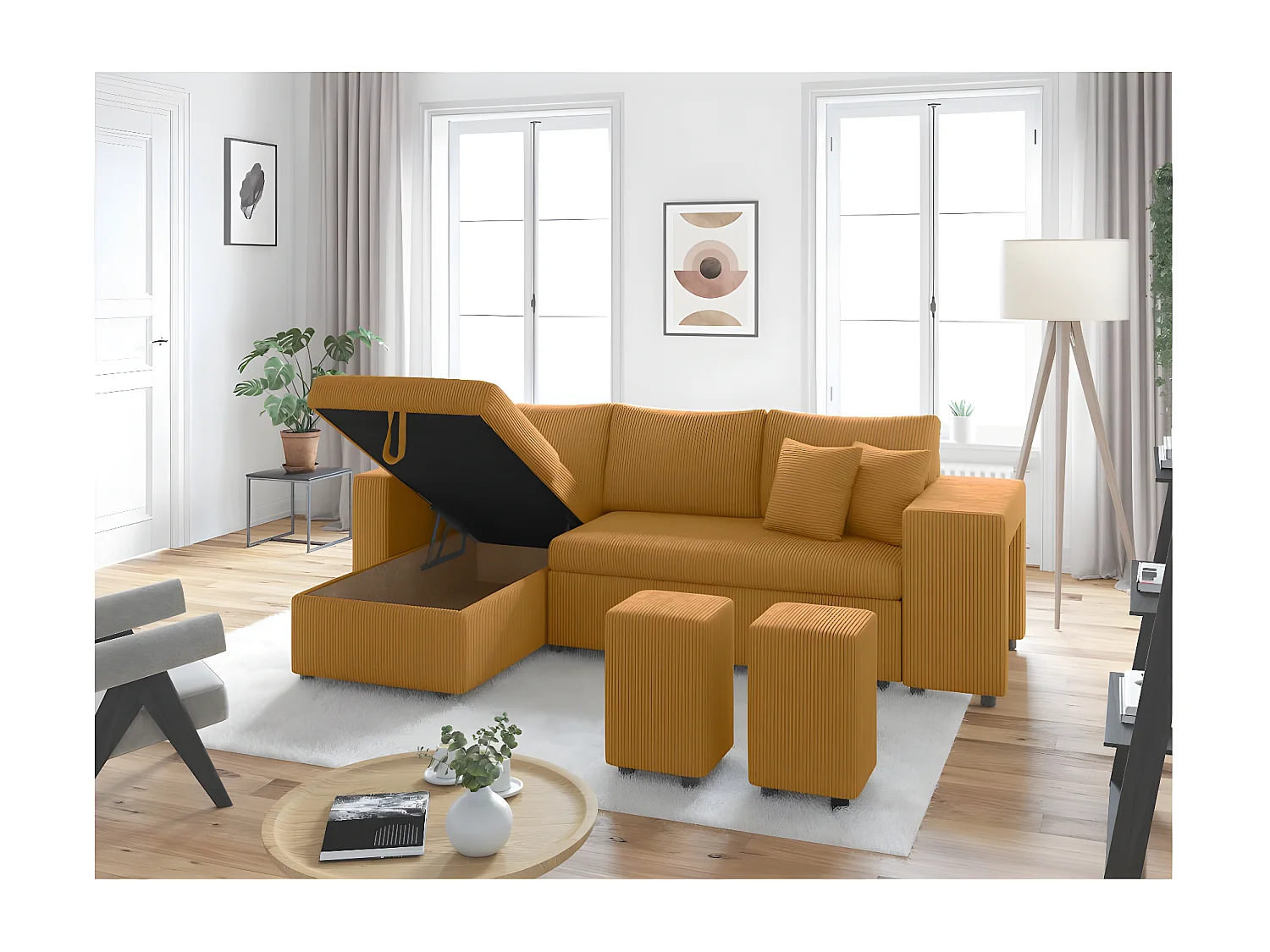 Canapé d'angle réversible convertible Oslo avec coffre, 2 poufs à droite en velours côtelé jaune - L241 x P146 x H81cm - Loungitude