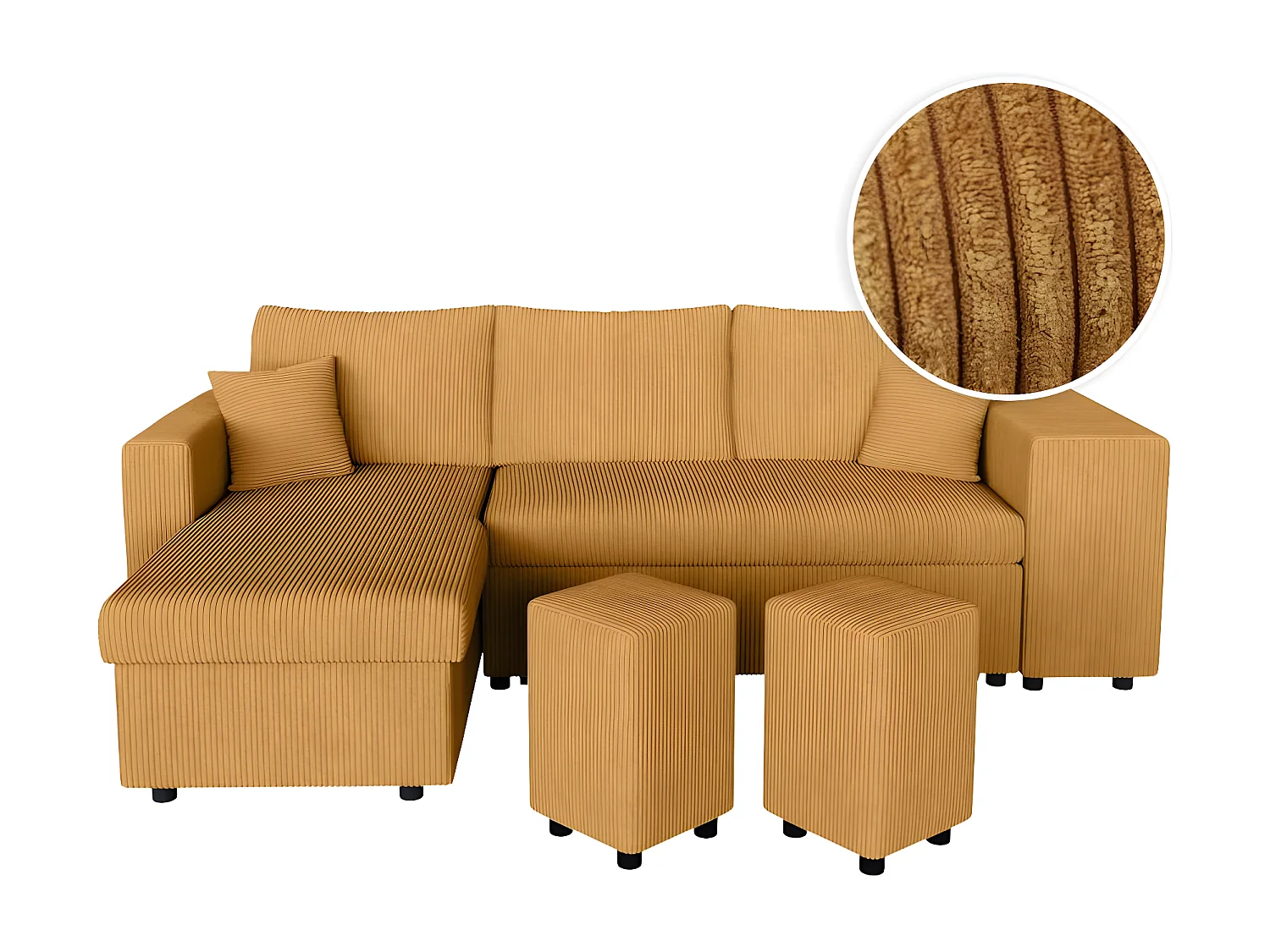 Canapé d'angle réversible convertible Oslo avec coffre, 2 poufs à droite en velours côtelé jaune - L241 x P146 x H81cm - Loungitude
