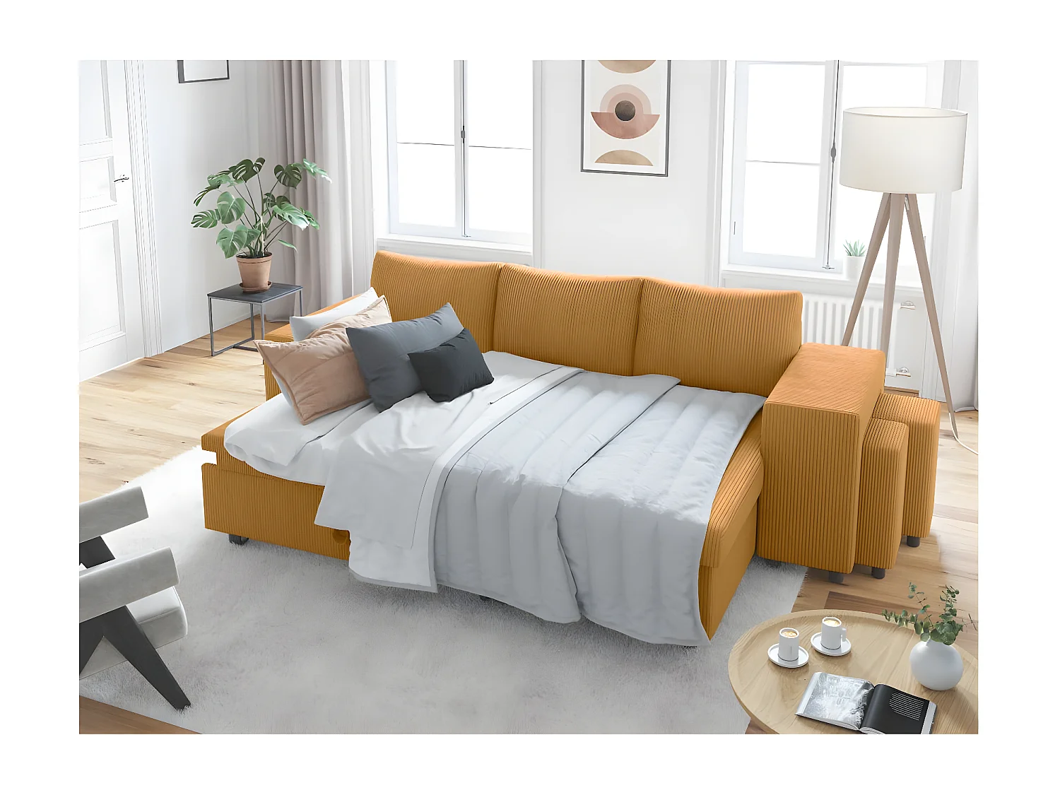 Canapé d'angle réversible convertible Oslo avec coffre, 2 poufs à droite en velours côtelé jaune - L241 x P146 x H81cm - Loungitude