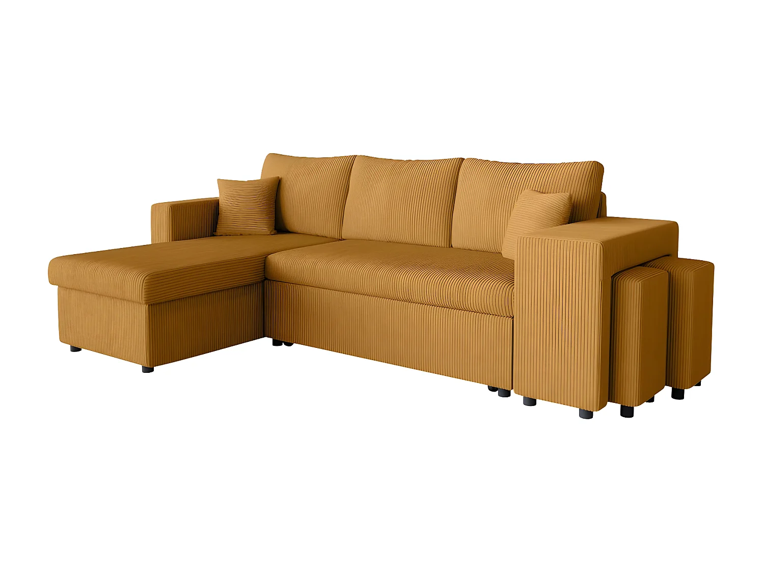 Canapé d'angle réversible convertible Oslo avec coffre, 2 poufs à droite en velours côtelé jaune - L241 x P146 x H81cm - Loungitude