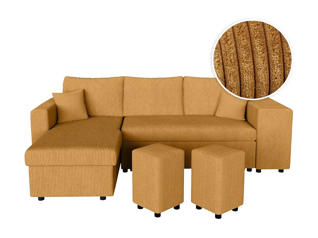 Canapé d'angle réversible convertible Oslo avec coffre, 2 poufs à droite en velours côtelé jaune - L241 x P146 x H81cm - Loungitude